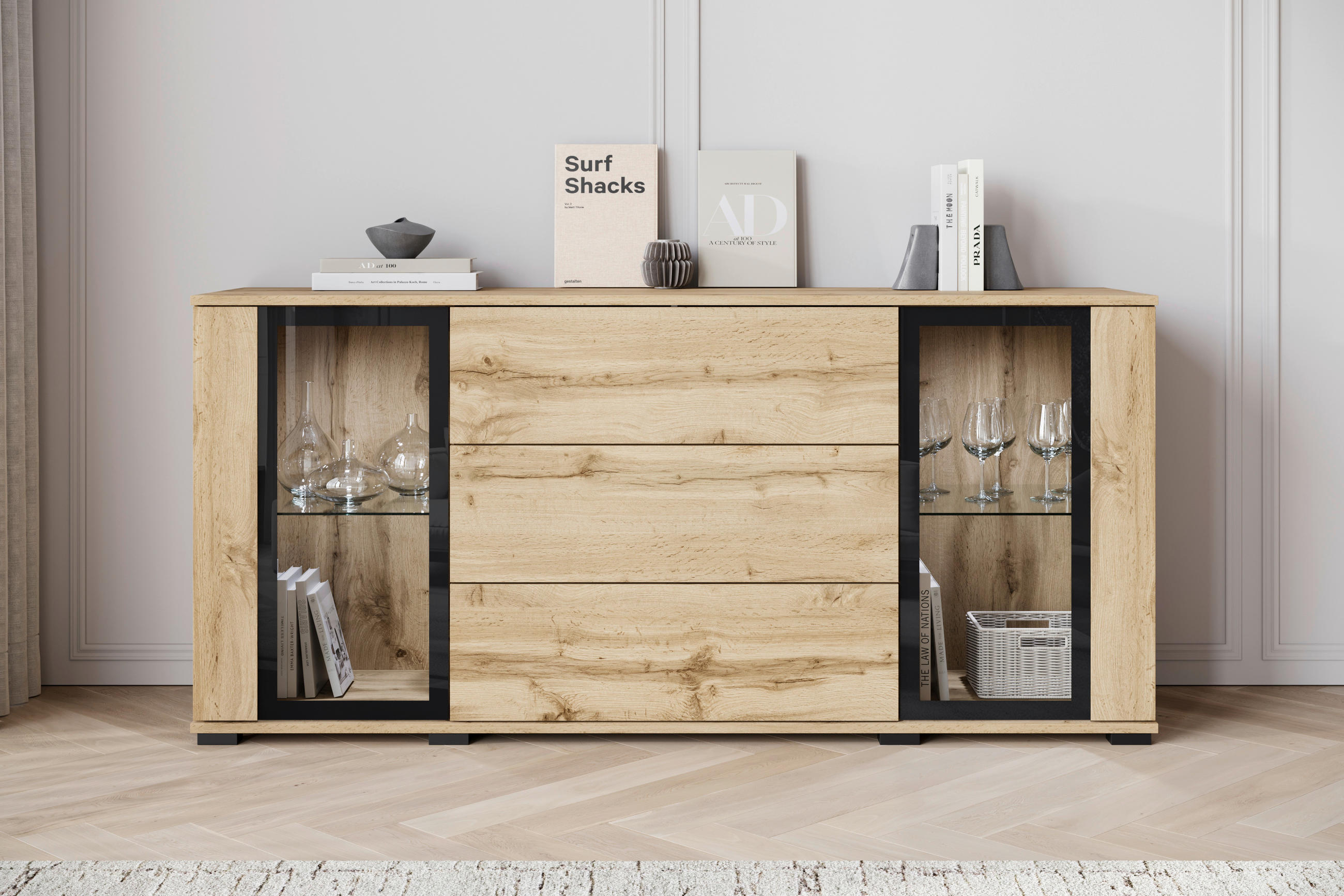 SIDEBOARD 150/69,7/39,5 cm  - ek Wotan/svart, Design, trämaterial/glas (150/69,7/39,5cm) - Livetastic