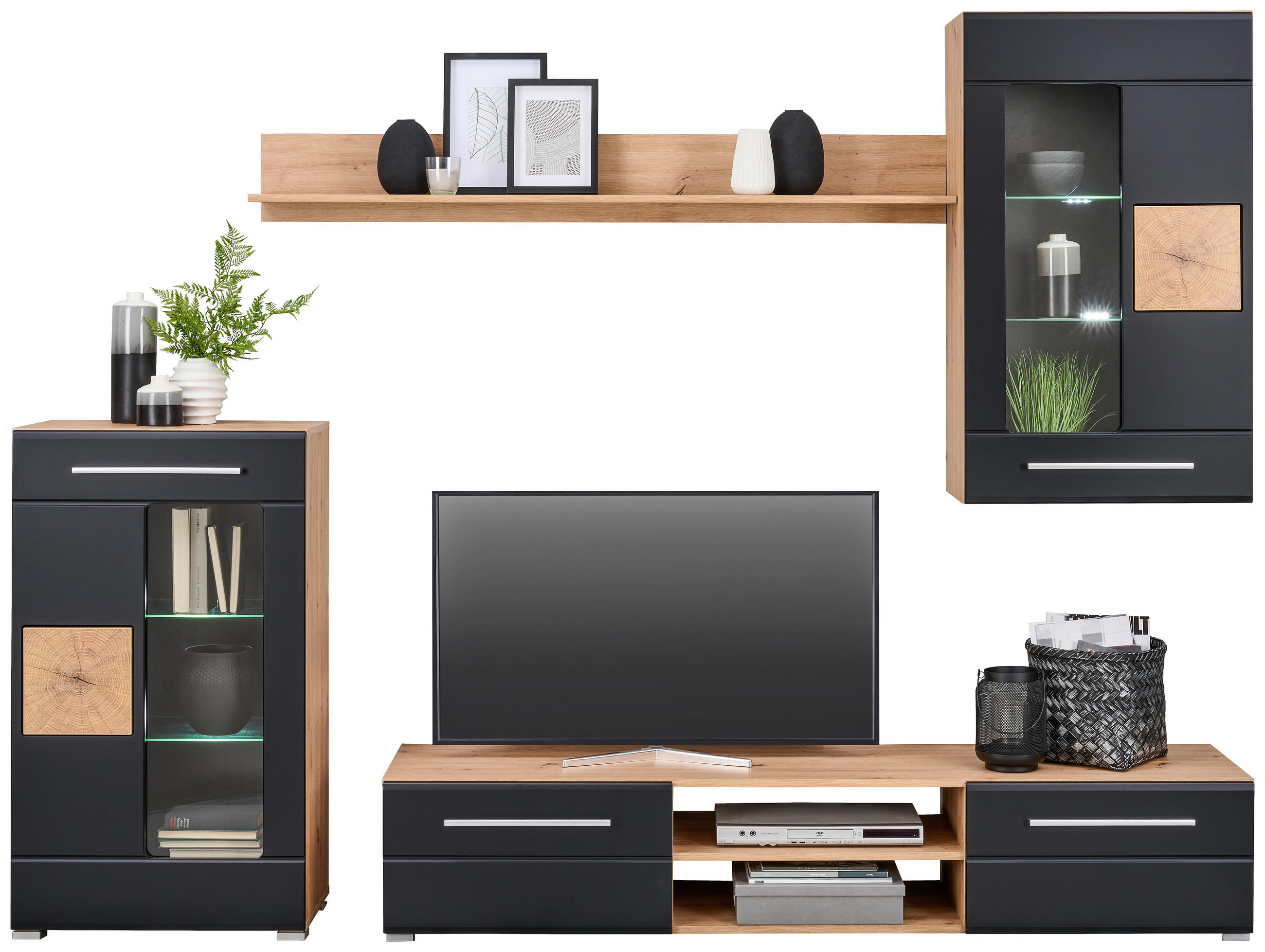 WOHNWAND 240/190/43 cm in Schwarz, Eiche Artisan - Silberfarben/Schwarz, Design, Glas/Holzwerkstoff (240/190/43cm) - Ti'me