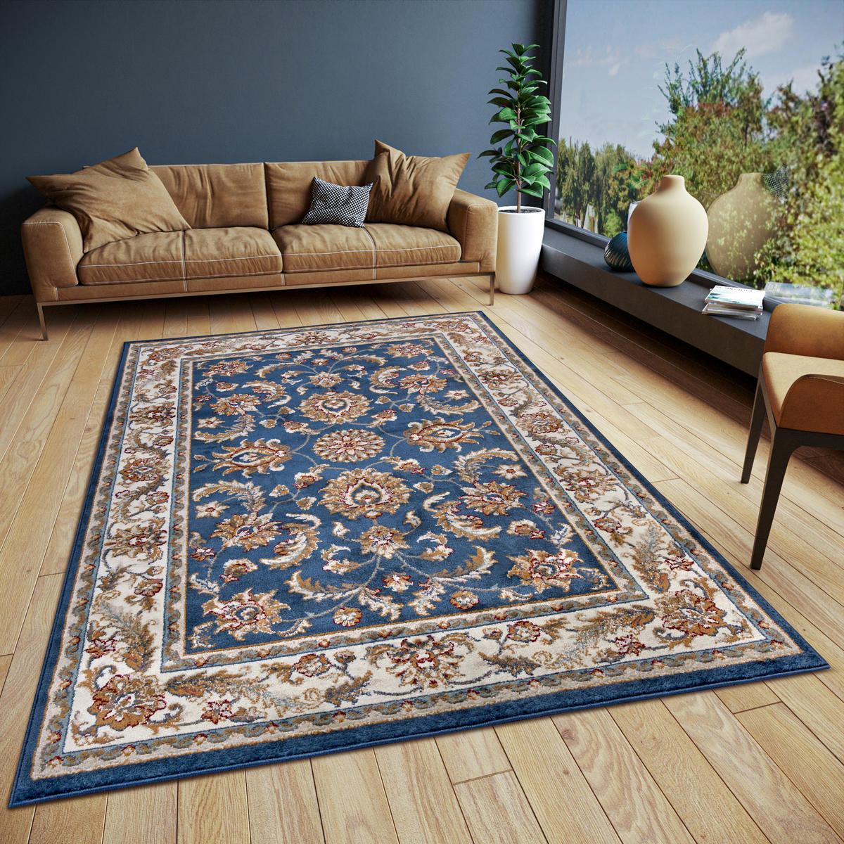 FLACHWEBETEPPICH 57/90 cm Luxor Blau, Creme  - Blau/Creme, Design, Kunststoff/Textil (57/90cm)