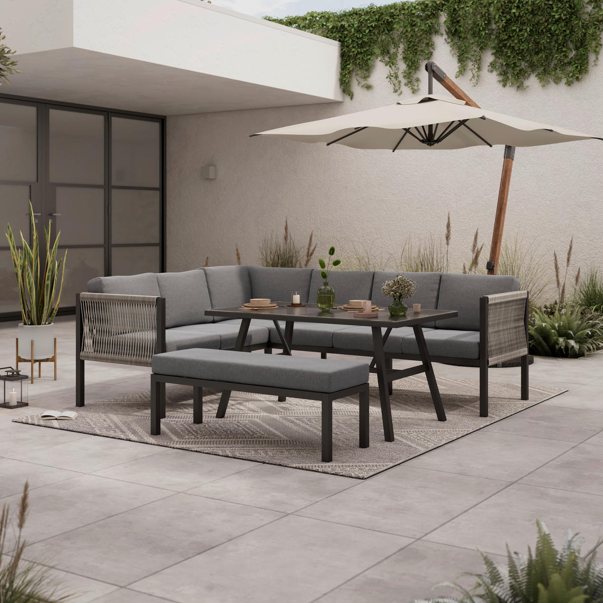 DINING-LOUNGESET 187/241 cm Aluminium  - Dunkelgrau/Anthrazit, Design, Glas/Kunststoff (187/241cm) - Ambia Garden