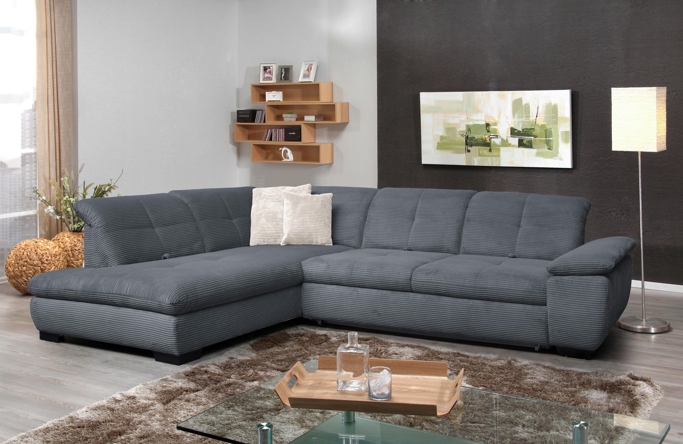 ECKSOFA in Cord Grau  - Schwarz/Grau, Design, Textil/Metall (242/313cm) - Xora