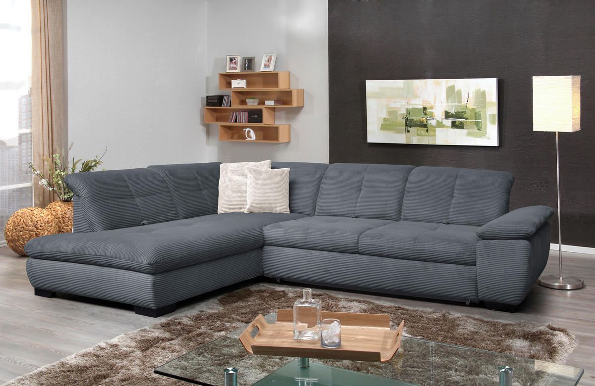 ECKSOFA in Cord Grau  - Schwarz/Grau, Design, Textil/Metall (242/313cm) - Xora