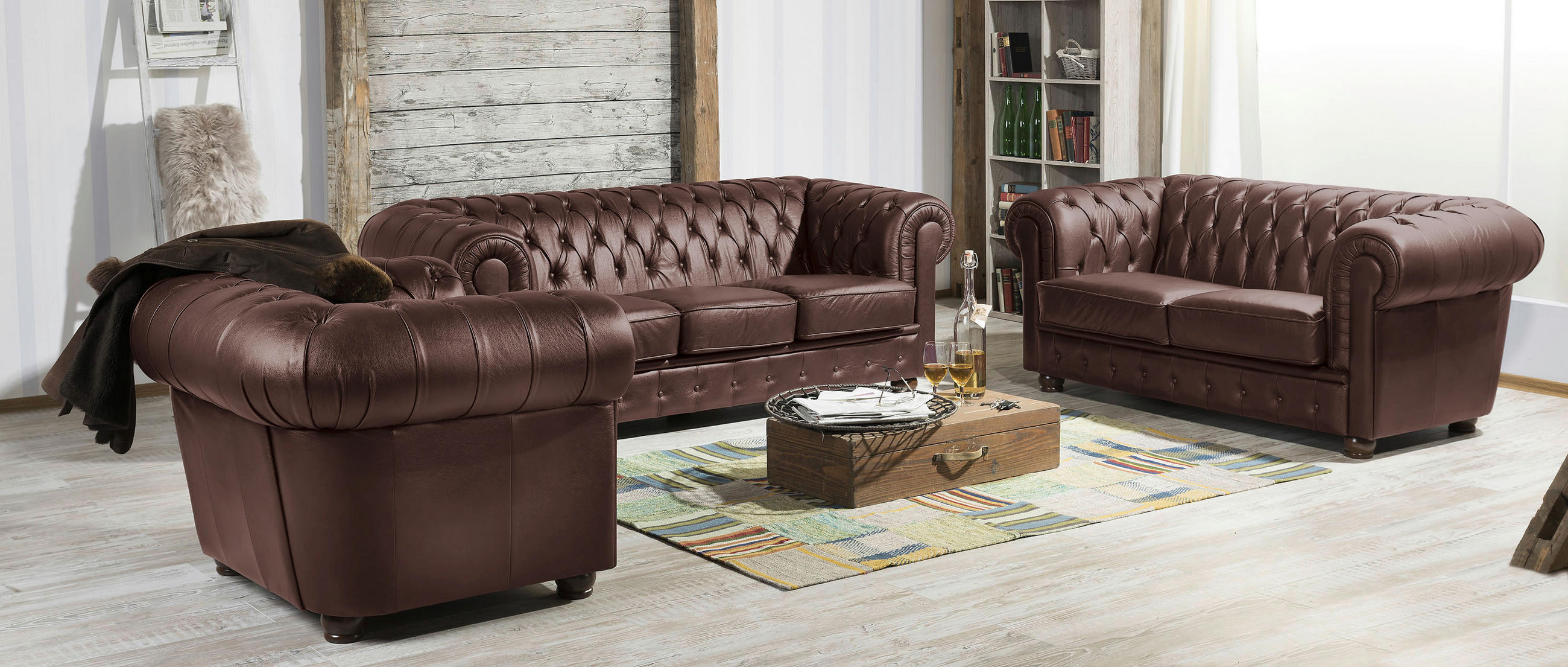 Thumbnail - Max Winzer Chesterfield-Sitzgarnitur, Braun, Leder, 3-teilig, Echtleder, Rauleder, Buche, 200x76x98 cm, Goldenes M, Made...