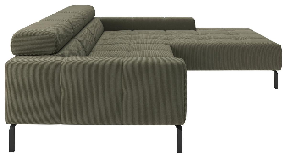 ECKSOFA Olivgrün Feincord Rücken echt, Kopfteilverstellung, Sitztiefenverstellung  - Schwarz/Olivgrün, KONVENTIONELL, Textil/Metall (293/226cm) - Hom`in