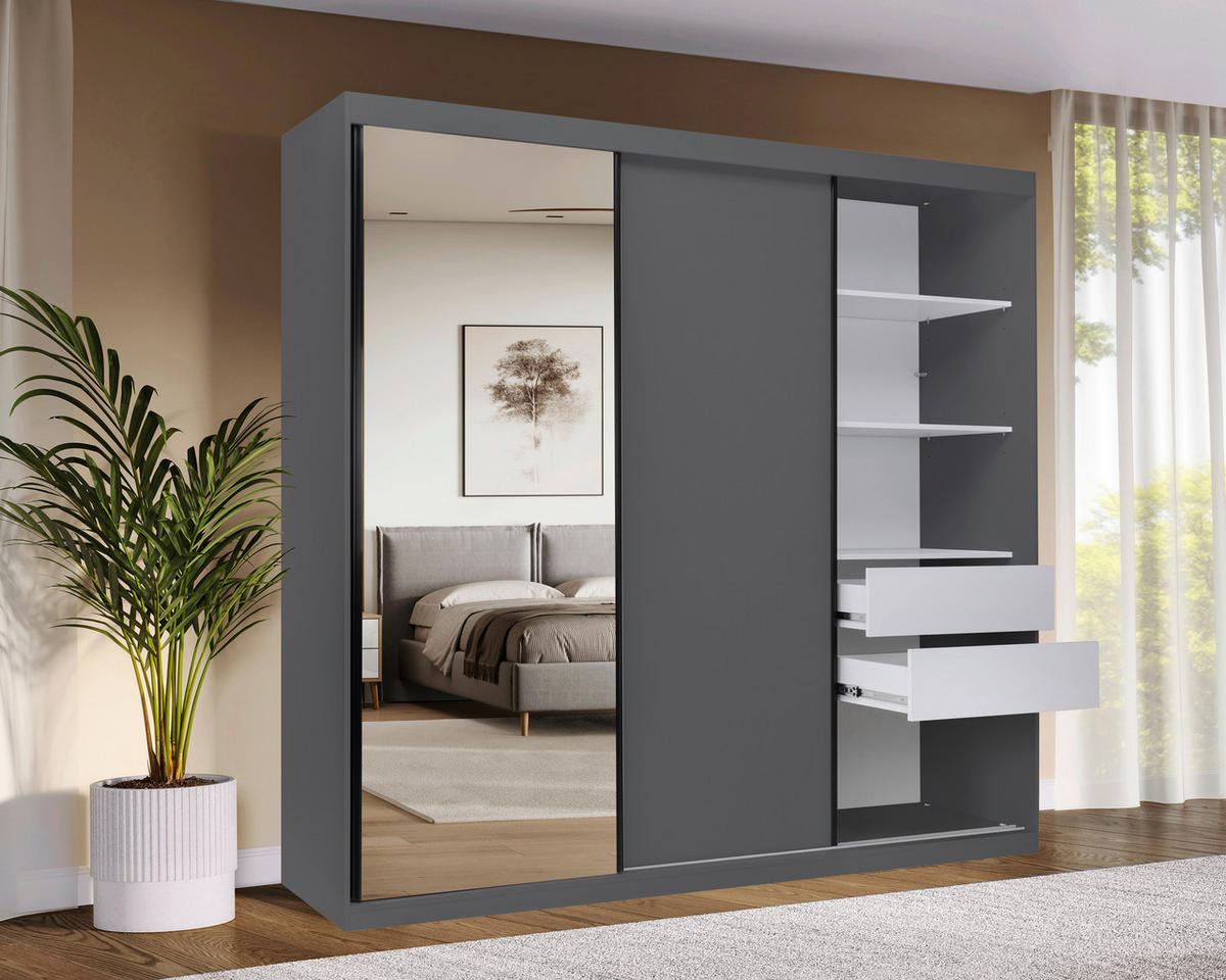 SCHIEBETÜRENSCHRANK 250/215/59,5 cm 3-türig Graphitfarben  - Graphitfarben/Schwarz, MODERN, Holzwerkstoff/Metall (250/215/59,5cm) - MID.YOU