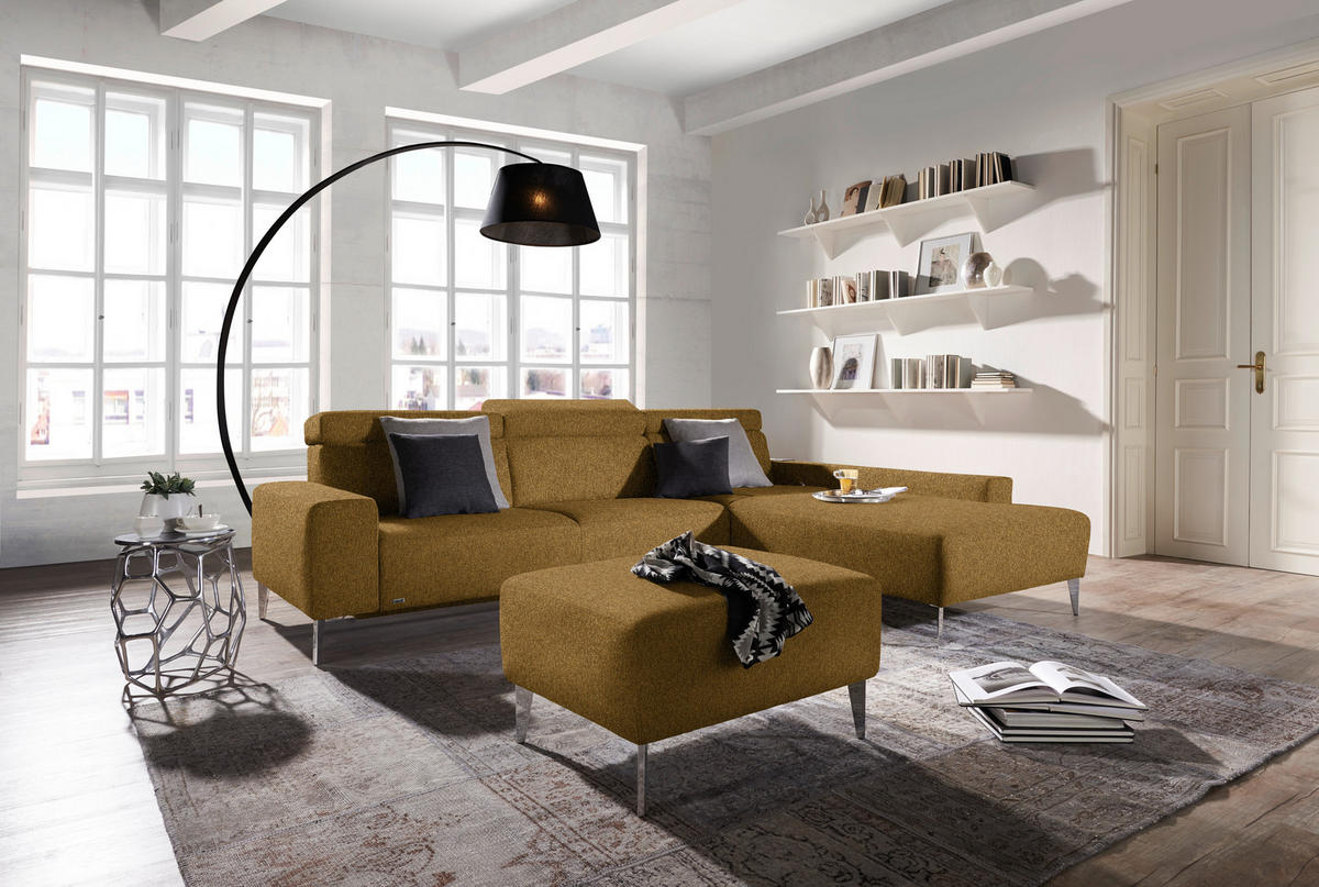 ECKSOFA  in Mikrovelours Senfgelb  288/205 cm  - Senfgelb/Alufarben, Design, Textil (288/205cm) - Sedda