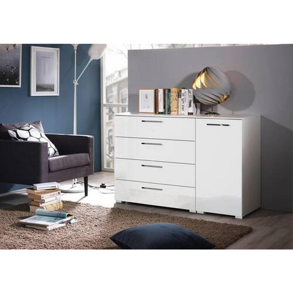 Thumbnail - Novel Kommode, Weiß, Weiß Hochglanz, Metall, 2 Fächer, 4 Schubladen, 120x81x42 cm, Blauer Engel, Goldenes M, Made in Ger...