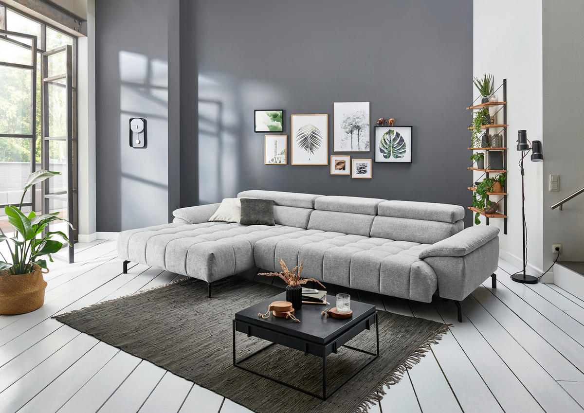 ECKSOFA in Chenille Grauweiss  - Schwarz/Grauweiss, Design, Textil/Metall (190/329cm) - Beldomo Style
