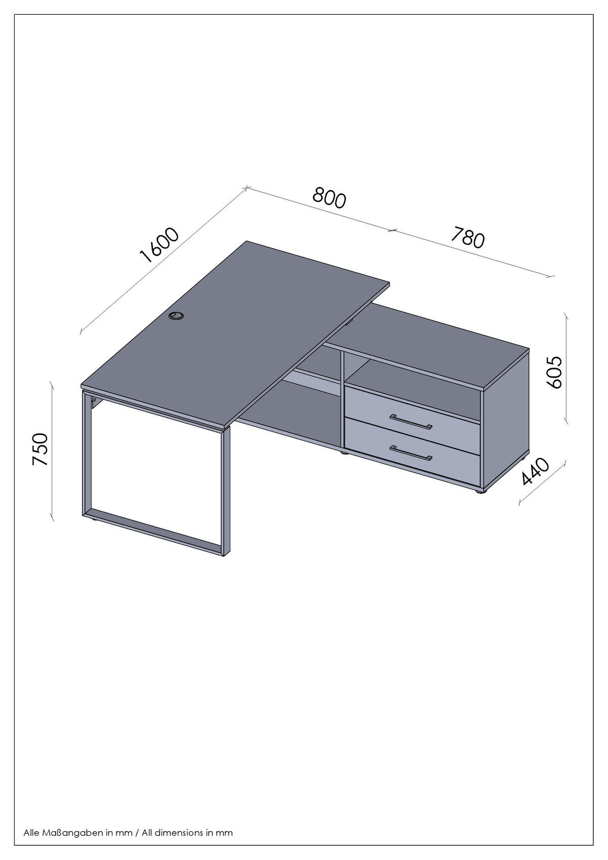 ECKSCHREIBTISCH 160/158/75 cm  in Anthrazit, Dunkelgrau  - Dunkelgrau/Anthrazit, Basics, Holzwerkstoff/Metall (160/158/75cm) - Novel