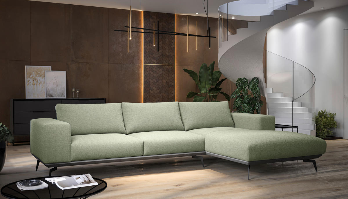 ECKSOFA in Chenille Mintgrün  - Beige/Schwarz, Design, Holz/Textil (330/180cm) - MID.YOU