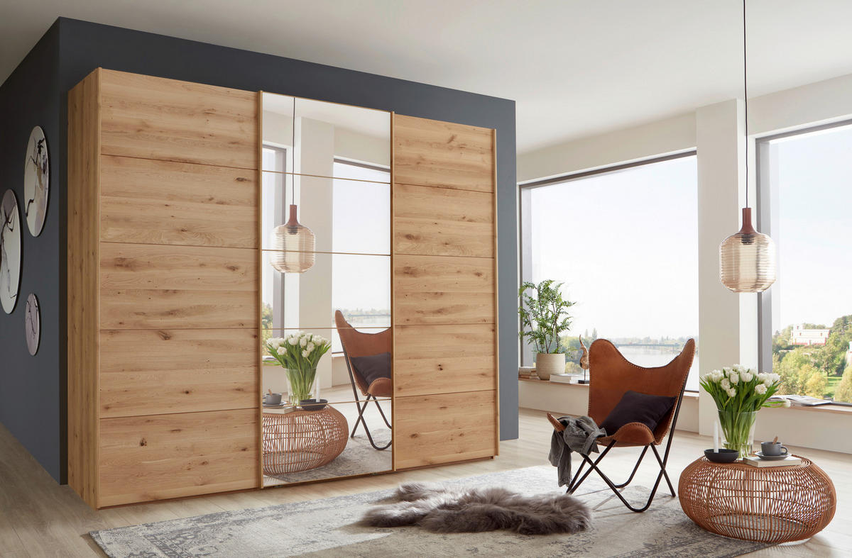SCHWEBETÜRENSCHRANK 250/236/67 cm 3-türig Eiche Bianco  - Eiche Bianco, Natur, Glas/Holz (250/236/67cm) - Linea Natura