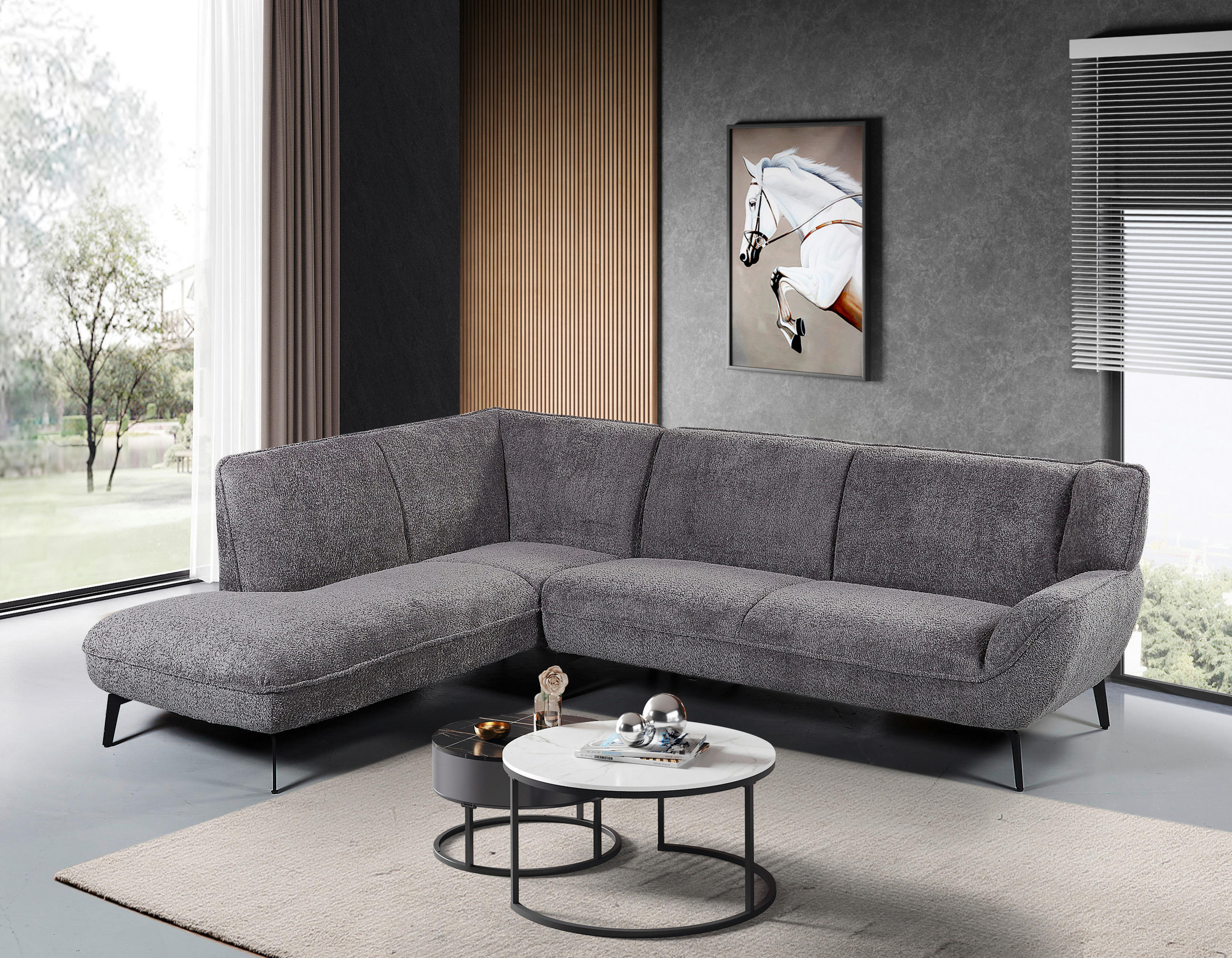 ECKSOFA Grau Bouclé  - Schwarz/Grau, MODERN, Textil/Metall (175/200cm) - MID.YOU