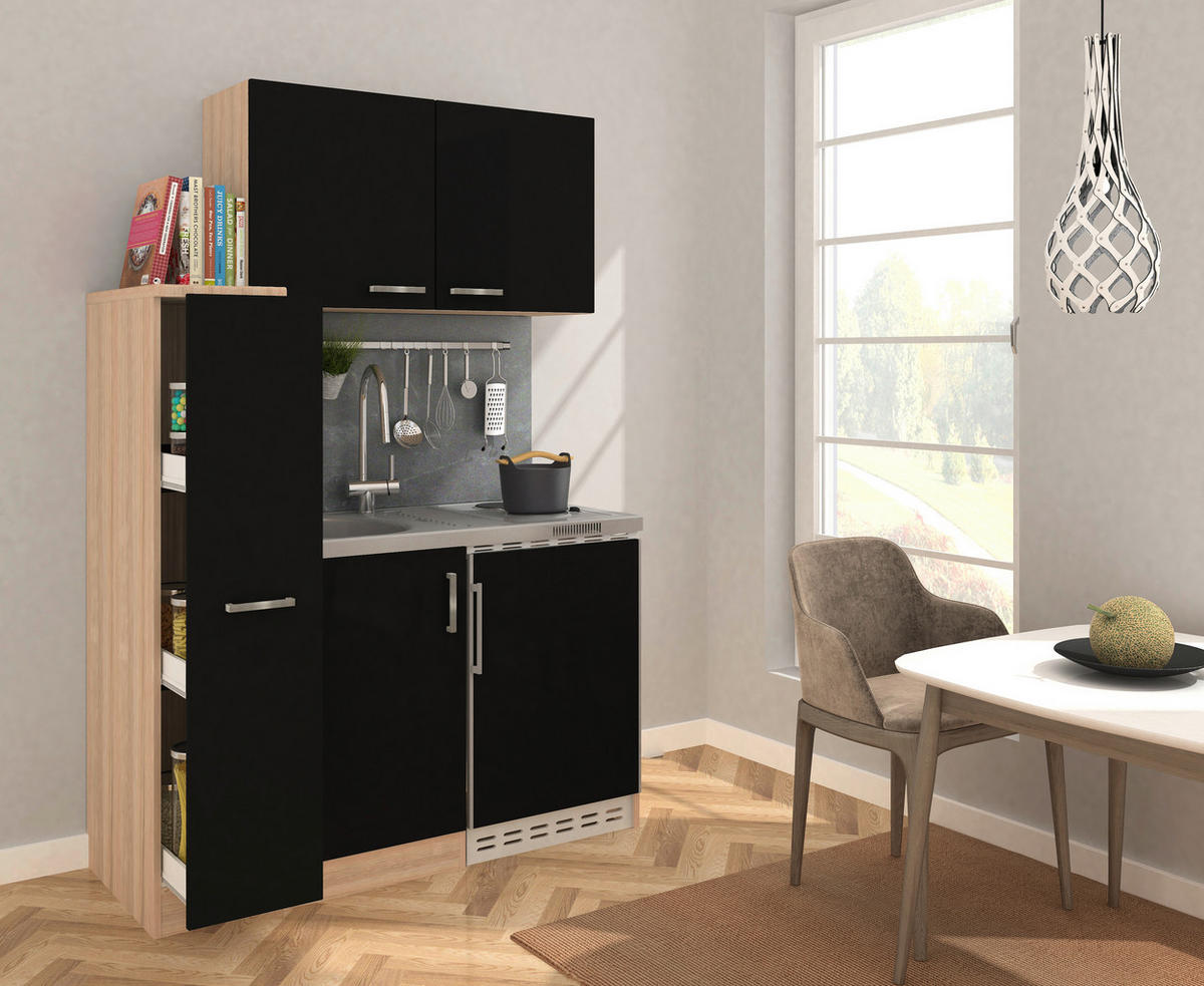 MINIKÜCHE 130 cm   in Eichefarben, Schwarz  - Edelstahlfarben/Eichefarben, MODERN, Holzwerkstoff/Metall (130cm) - Respekta