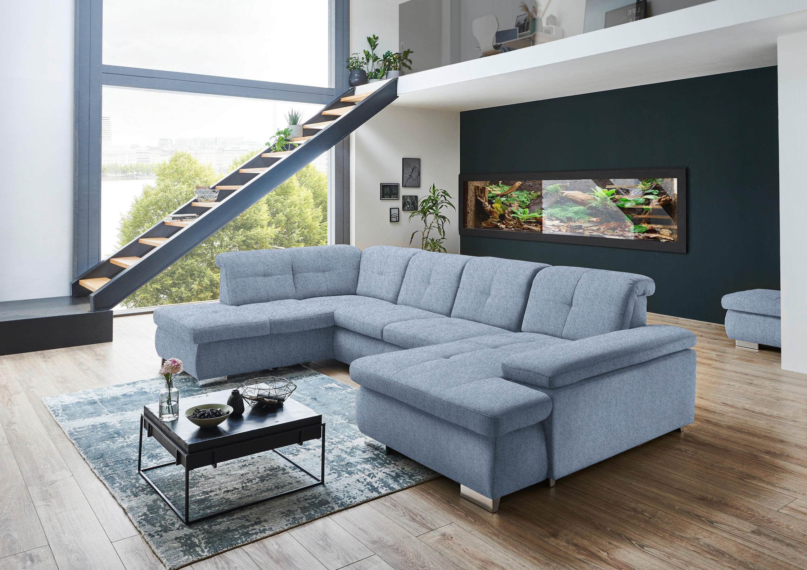 Thumbnail - Beldomo Style Wohnlandschaft, Hellblau, Textil, 5-Sitzer, U-Form, 337x210 cm, Goldenes M, Typenauswahl, Bettkasten erhäl...