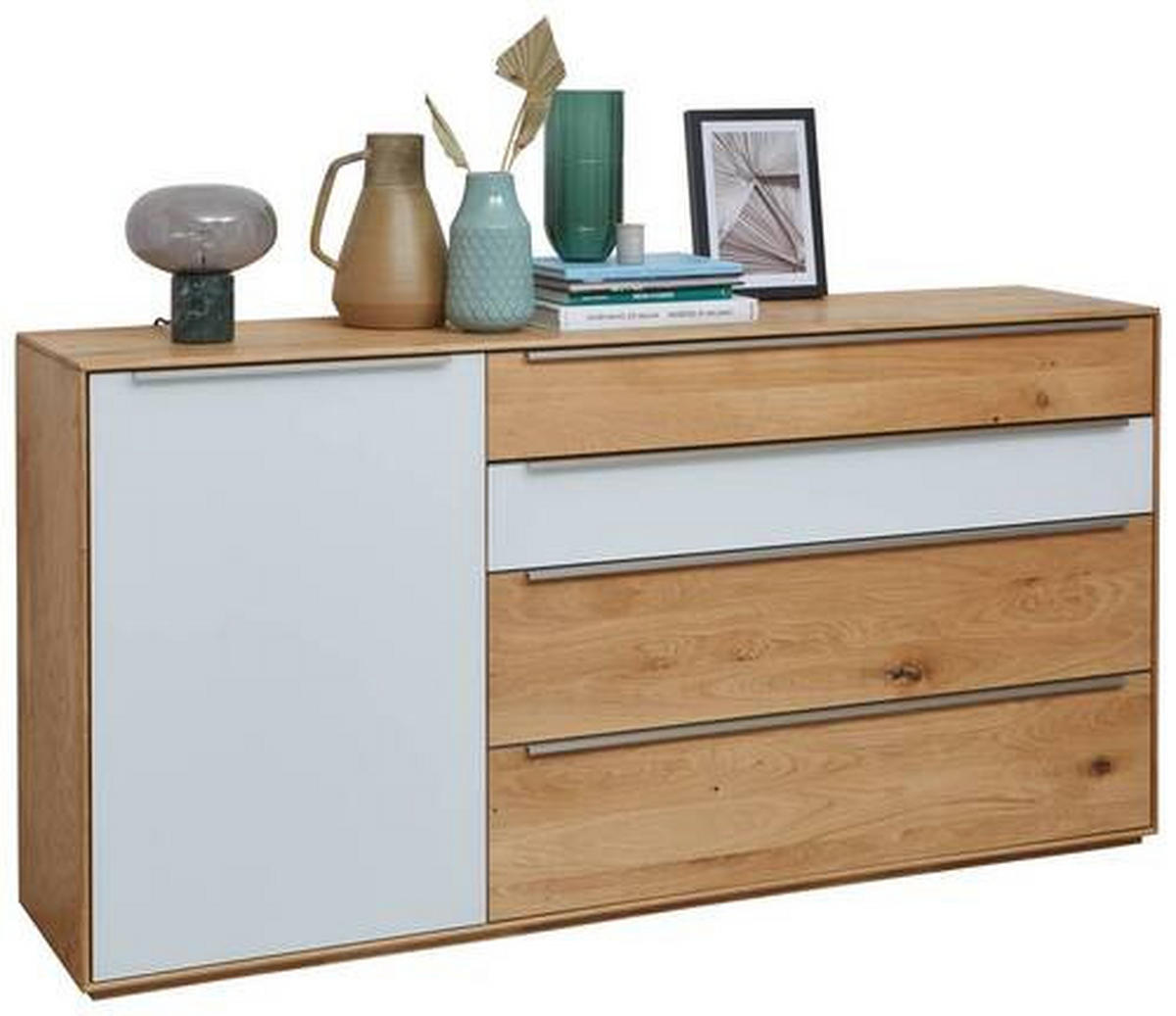SIDEBOARD Weiß, Eichefarben  183/91/43 cm  - Eichefarben/Silberfarben, Design, Glas/Holz (183/91/43cm) - Waldwelt