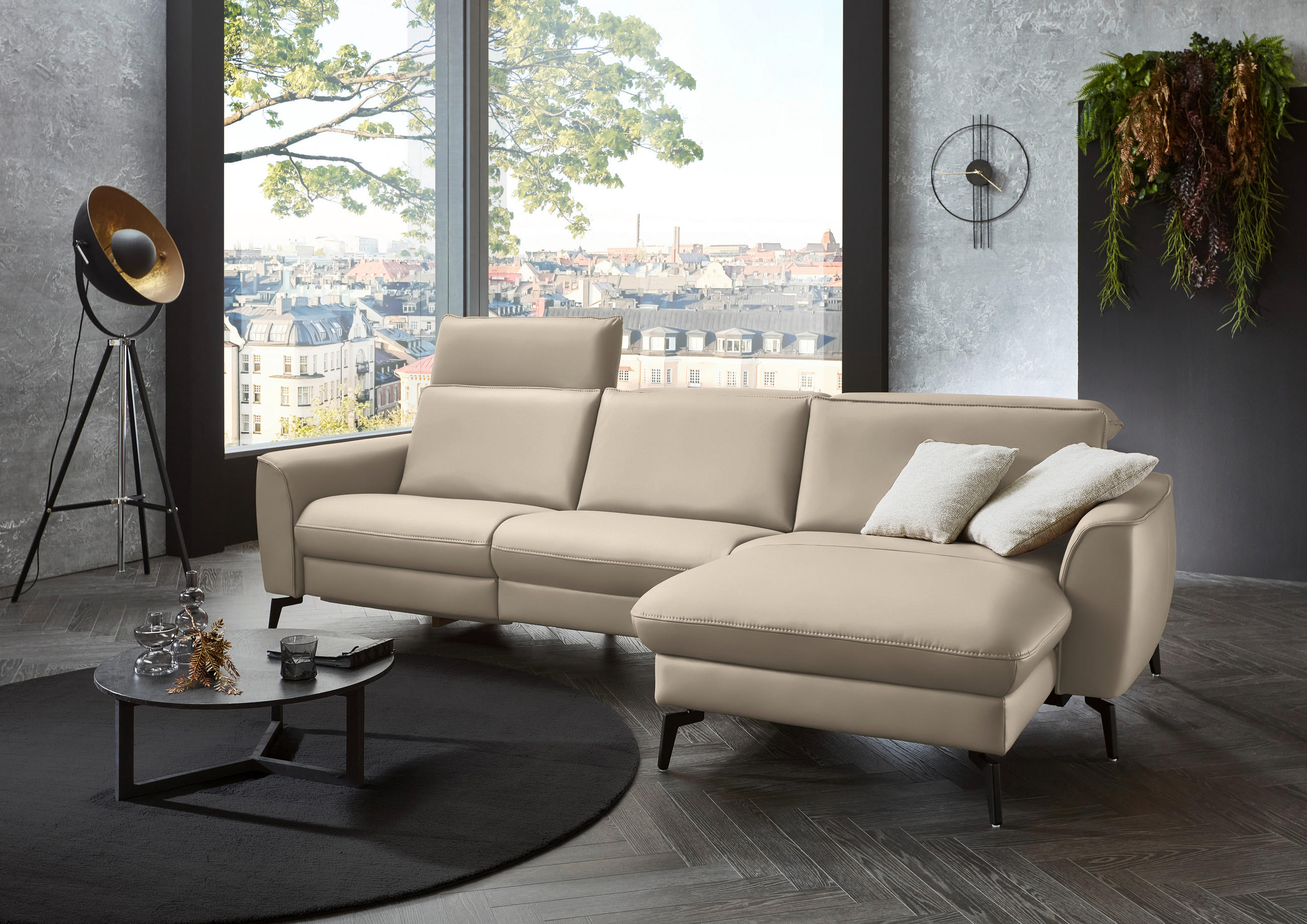 ECKSOFA in Echtleder Ecru  - Ecru/Schwarz, Natur, Leder/Metall (281/168cm) - Valdera