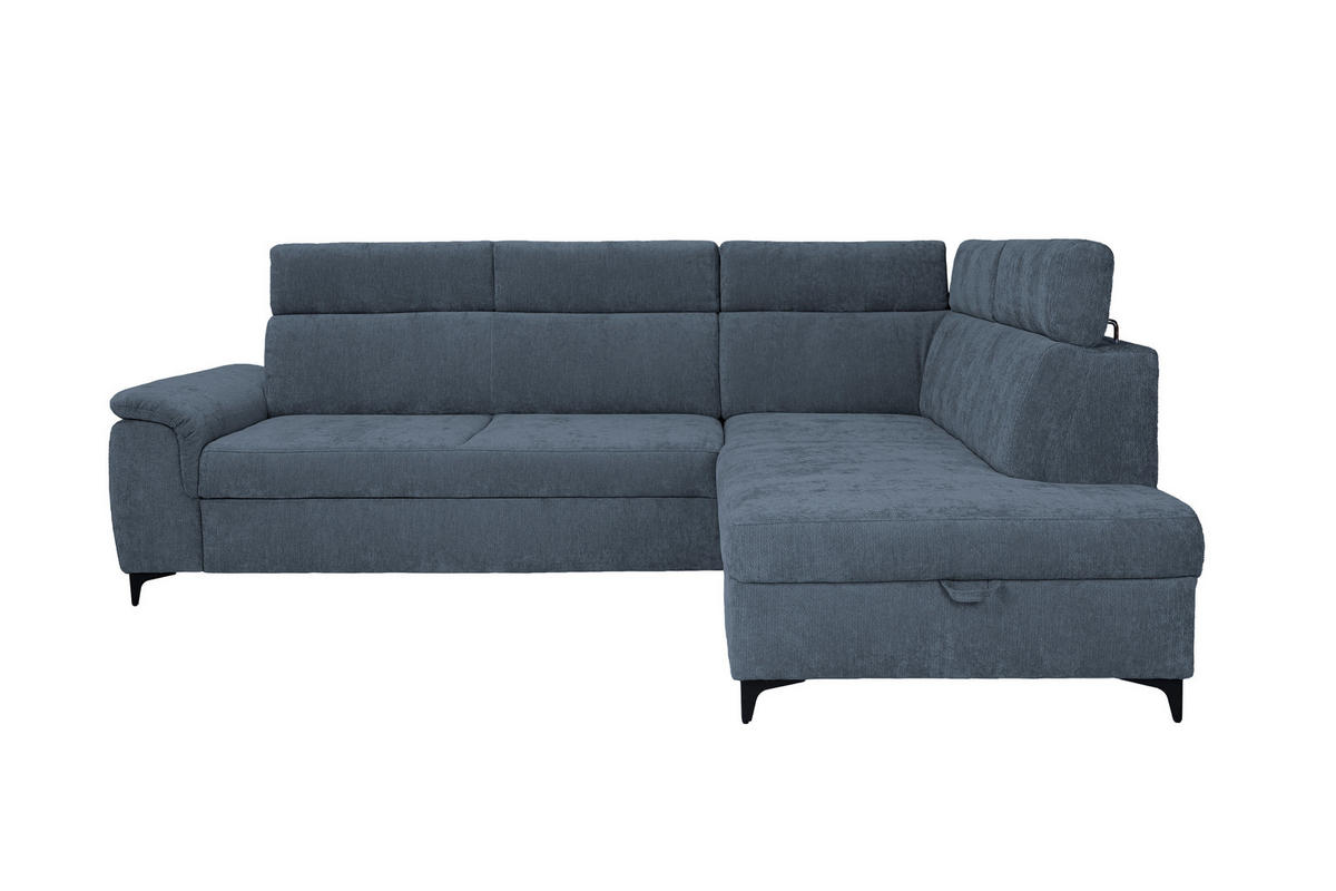 ECKSOFA Dunkelblau Chenille Bettkasten, Schlaffunktion, Rücken echt, Kopfteilverstellung, Liegefläche im Originalstoff  - Schwarz/Dunkelblau, KONVENTIONELL, Textil/Metall (265/206cm) - Carryhome