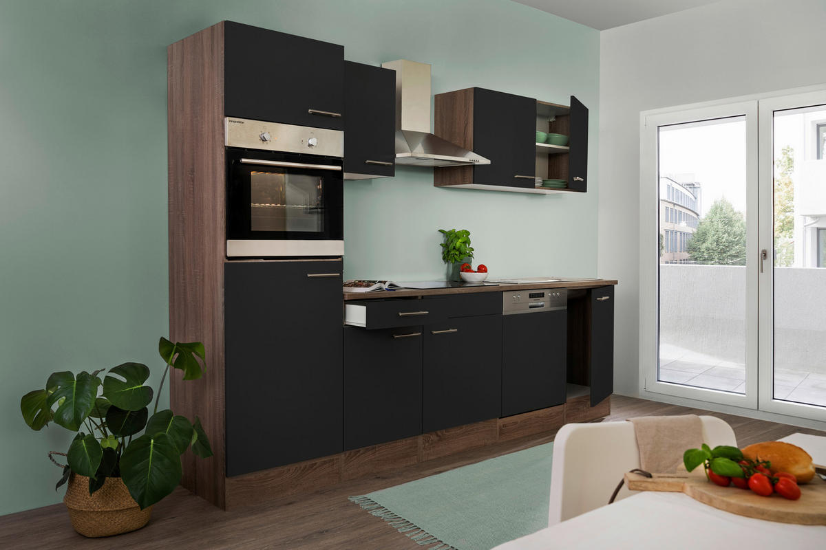 KÜCHENBLOCK 280 cm   in Schwarz, Eichefarben  - Edelstahlfarben/Eichefarben, Design, Holzwerkstoff/Metall (280cm) - Respekta