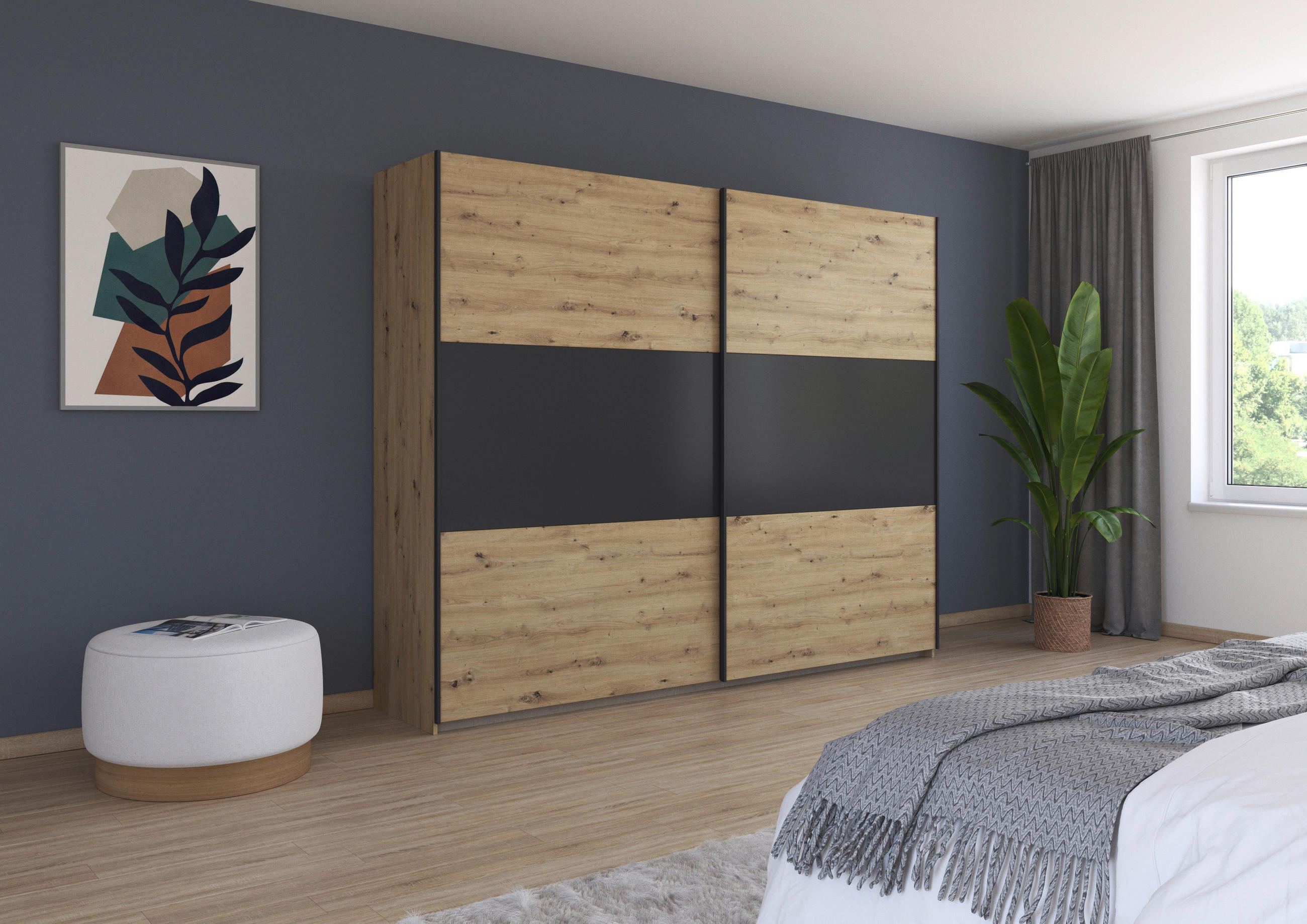SCHWEBETÜRENSCHRANK 261/210/59 cm 2-türig Grau, Alufarben, Eiche Artisan  - Alufarben/Eiche Artisan, MODERN, Holzwerkstoff/Metall (261/210/59cm) - Rauch Möbel