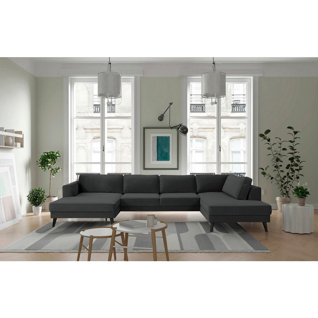 Thumbnail - Trendmanufaktur Wohnlandschaft Lumber Jack, Anthrazit, Textil, Wenge, 6-Sitzer, U-Form, 348x201 cm, Made in EU, Hocker e...