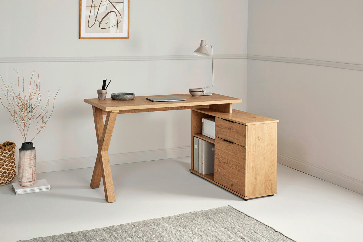 ECKSCHREIBTISCH 140/95/76 cm Eichefarben Kabeldurchlass, Stauraum, seitenverkehrt montierbar, in verschiedenen Holz-Dekoren erhältlich  - Eichefarben/Schwarz, MODERN, Holzwerkstoff/Metall (140/95/76cm) - MID.YOU