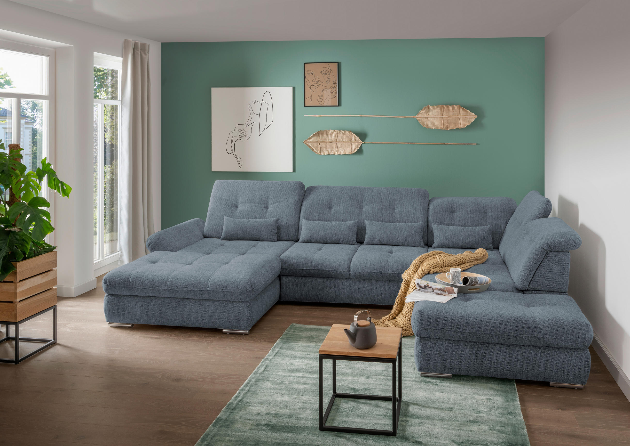 WOHNLANDSCHAFT in Chenille Hellblau - Chromfarben/Hellblau, Design, Textil/Metall (195/376/254cm) - Livetastic