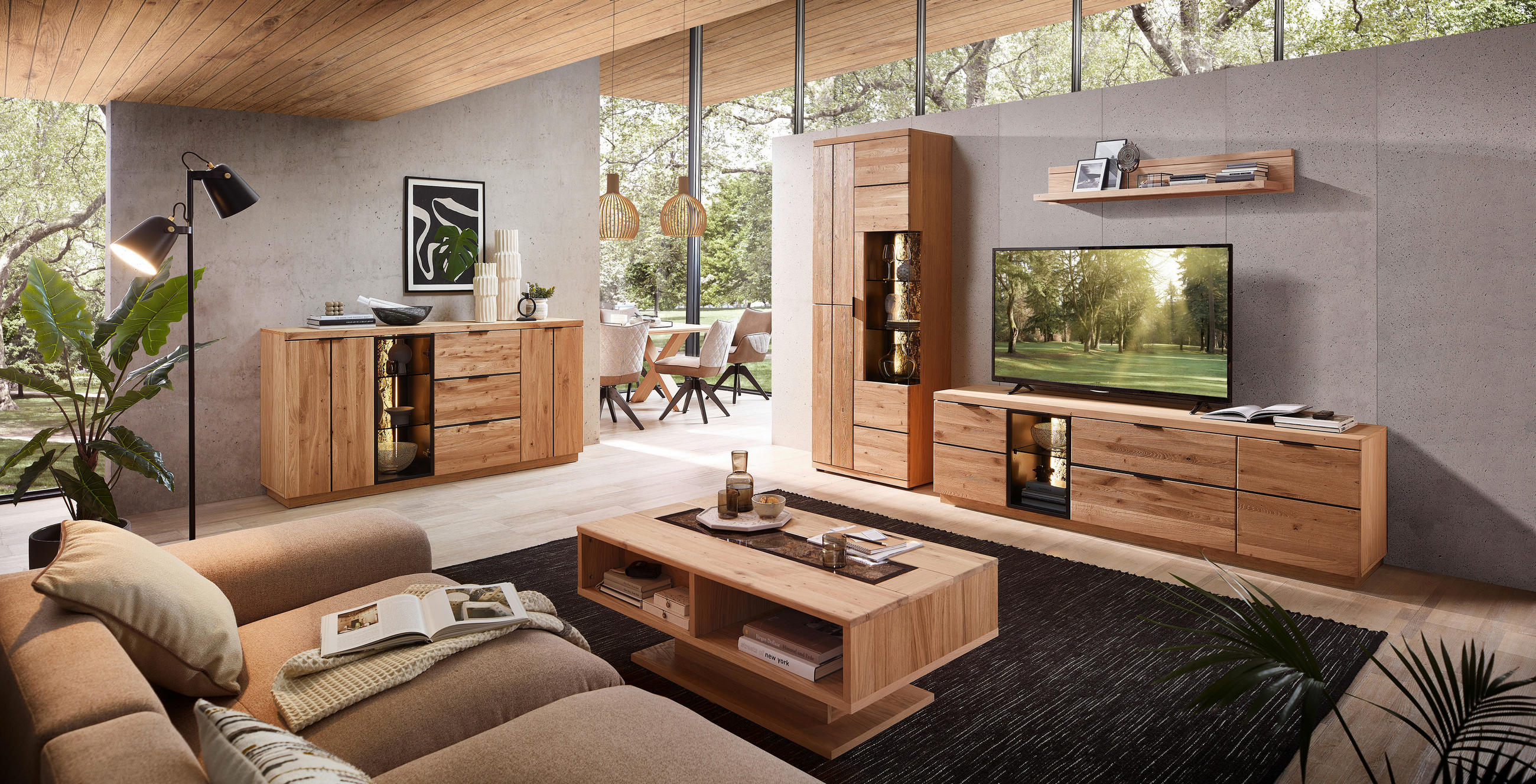 WOHNWAND  in Schwarz, Wildeiche  290/207/50 cm  - Wildeiche/Schwarz, KONVENTIONELL, Glas/Holz (290/207/50cm) - Livetastic