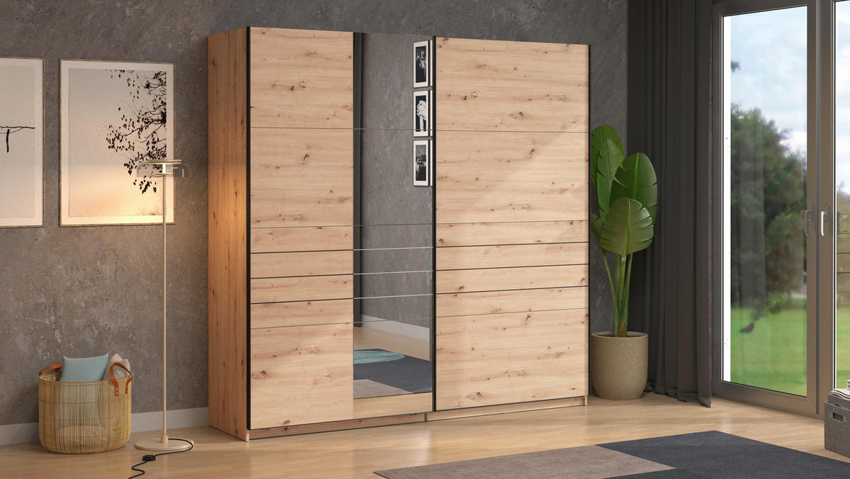 SKRIŇA S POS. DVER. – HOR.VED, dub artisan, 220/217,5/61 cm - čierna/dub artisan, Basics, kov/kompozitné drevo (220/217,5/61cm) - Xora