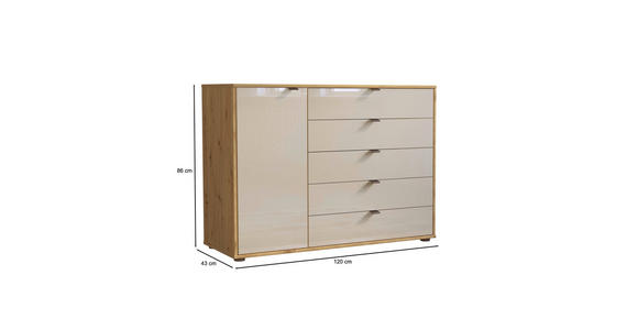 KOMMODE 120/86/43 cm in Champagner, Eiche Bianco - Schieferfarben/Eiche Bianco, Design, Glas/Holzwerkstoff (120/86/43cm) - Novel