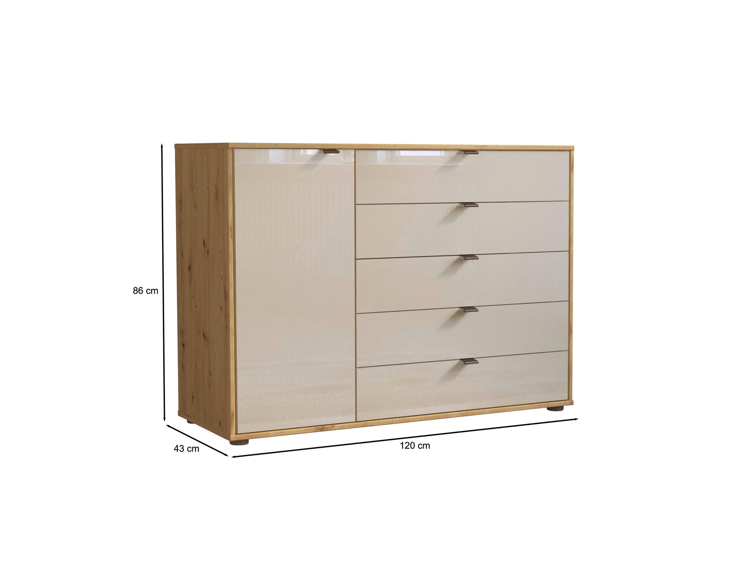 Thumbnail - Novel Kommode, Champagner, Eiche Bianco, Metall, 1 Fächer, 5 Schublade(n) Schubladen, 120x86x43 cm, ISO 9001, Goldenes M...