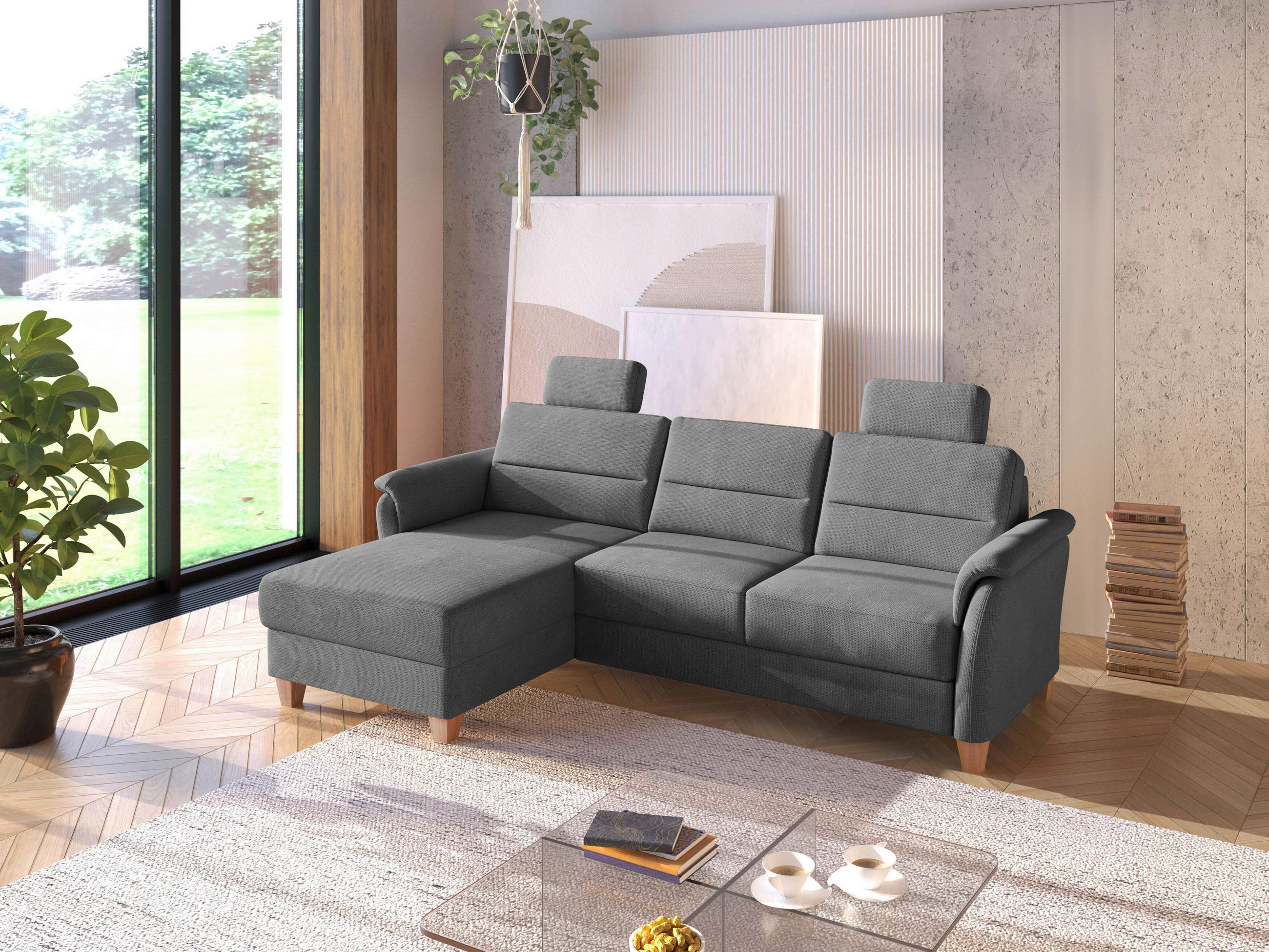 ECKSOFA Flachgewebe Grau  - Eichefarben/Grau, Konventionell, Holz/Textil (163/244cm) - Sit & More