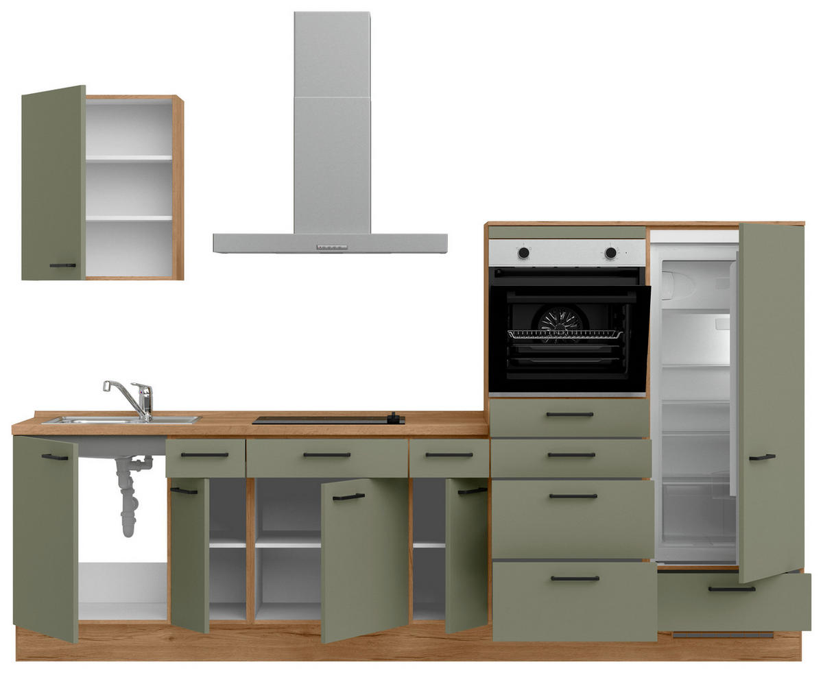 KÜCHENBLOCK Senso 300 cm  in Eichefarben, Olivgrün  - Eichefarben/Schwarz, MODERN, Holzwerkstoff/Metall (300cm) - Nobilia