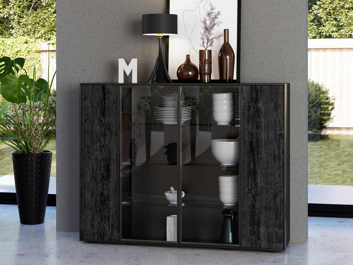 SIDEBOARD Schwarz, Eichefarben  152/119,1/39,5 cm  - Eichefarben/Anthrazit, Natur, Glas/Holz (152/119,1/39,5cm) - Valnatura