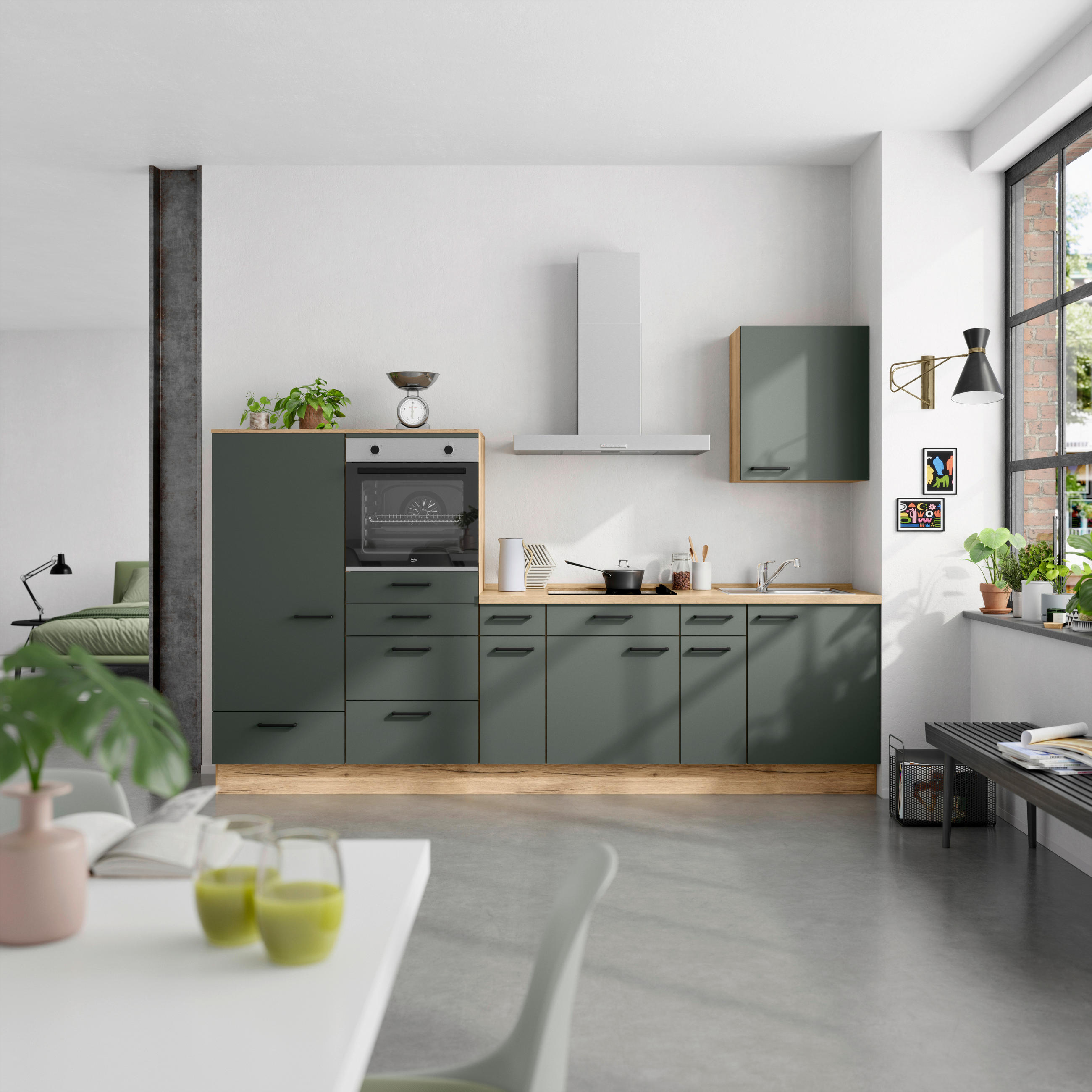 KÜCHENBLOCK 300 cm   in Eichefarben, Dunkelgrün  - Dunkelgrün/Eichefarben, MODERN, Holzwerkstoff/Metall (300cm) - Nobilia