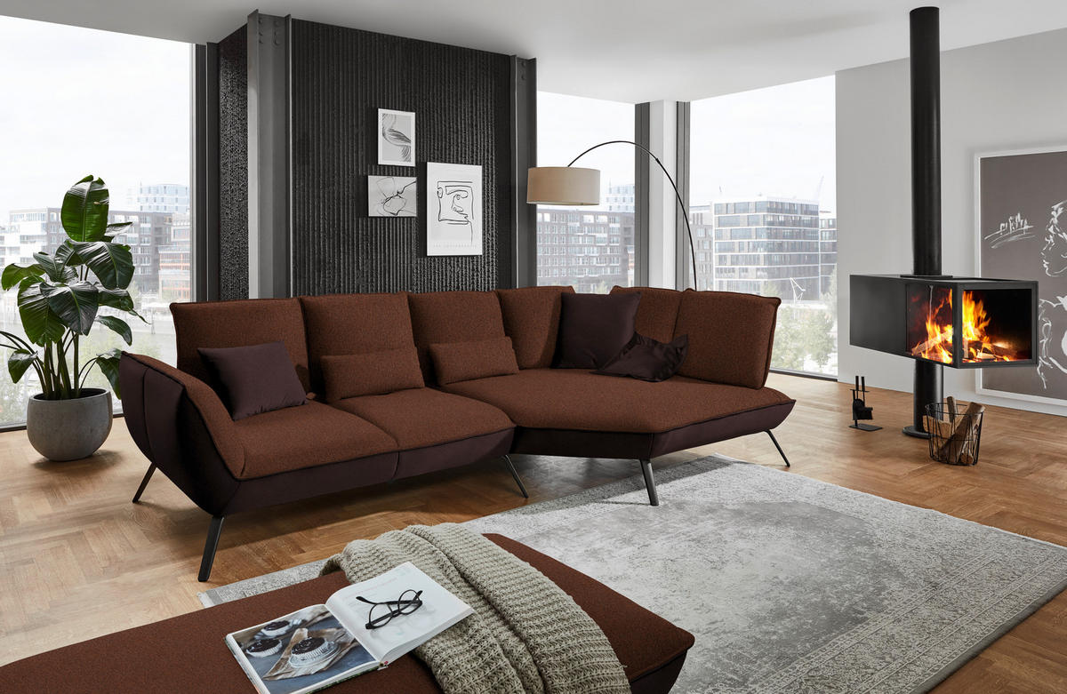 ECKSOFA Kupferfarben Flachgewebe  - Schwarz/Kupferfarben, Design, Textil/Metall (320/169cm) - Moderano