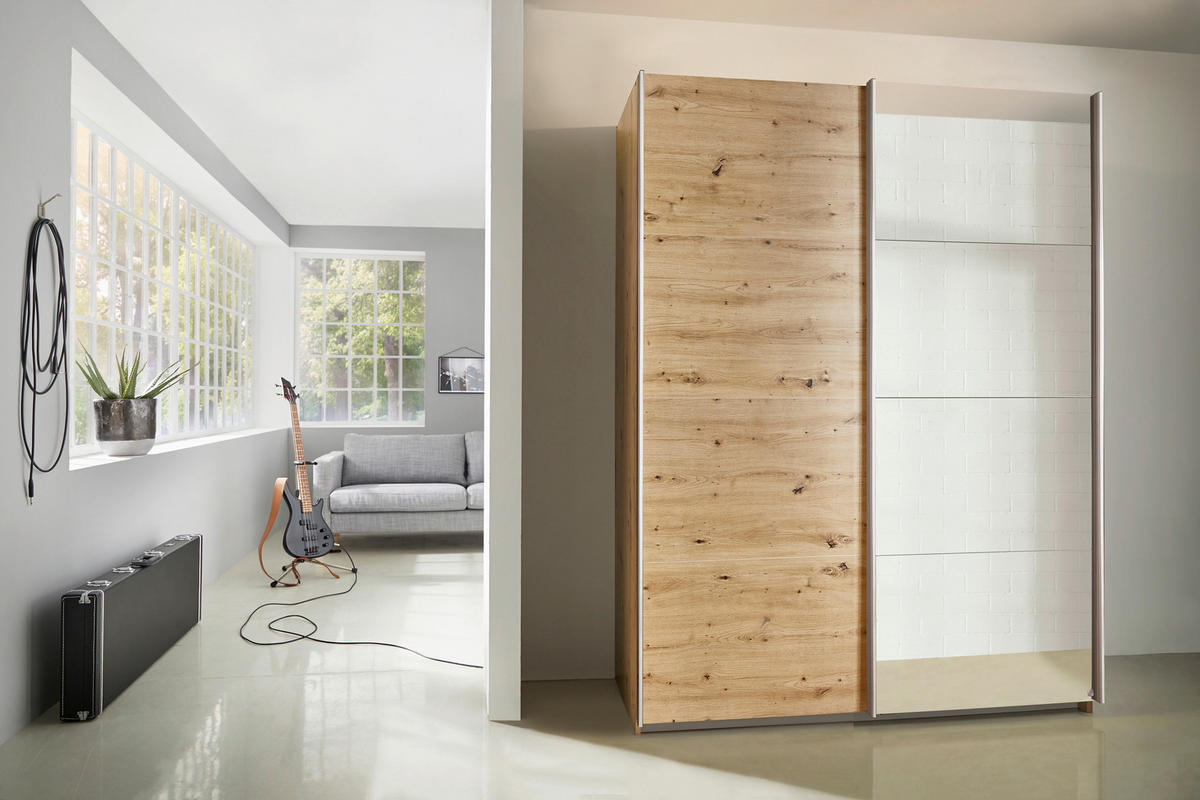 SCHWEBETÜRENSCHRANK in Eiche Artisan  - Alufarben/Eiche Artisan, Modern, Holzwerkstoff/Metall (181/197/61cm) - Rauch Möbel