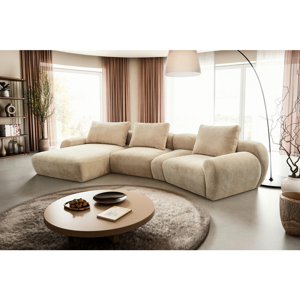 Thumbnail - Carryhome Ecksofa, Beige, Textil, 4-Sitzer, Füllung: Silikon, Ottomane links, organische Form, 362x176 cm, seitenverkehr...