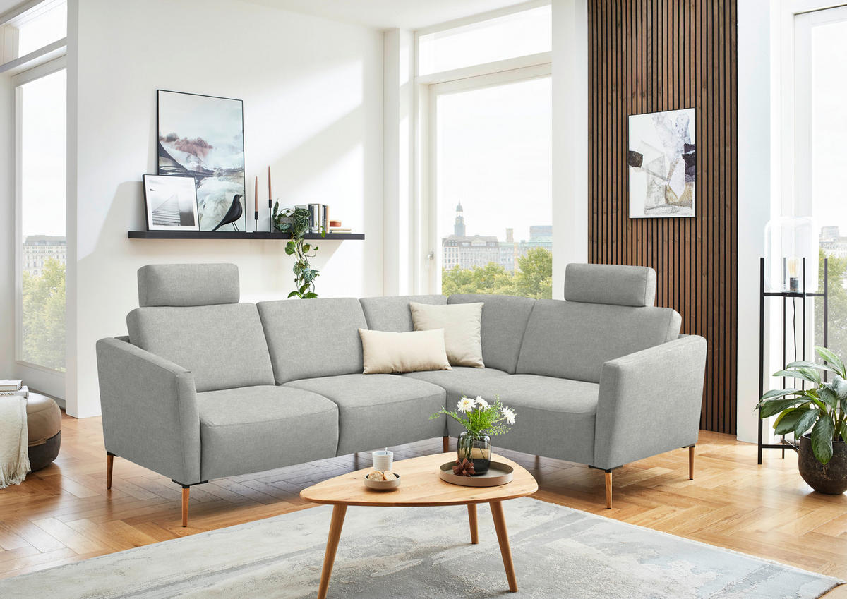 ECKSOFA  in Flachgewebe Grauweiß  238/186 cm  - Eichefarben/Grauweiß, Design, Holz/Textil (238/186cm) - Valnatura