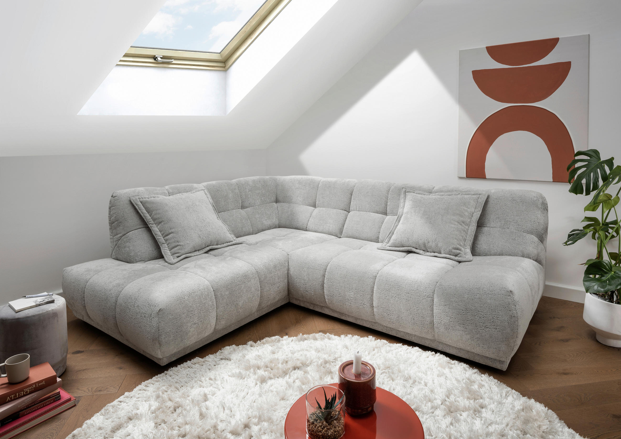 ECKSOFA ITALIA in Chenille Silberfarben  203/254 cm  - Silberfarben/Schwarz, MODERN, Kunststoff/Textil (203/254cm) - Livetastic