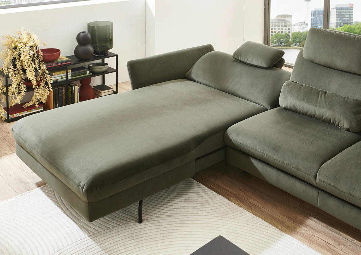 ECKSOFA in Velours Olivgrün  - Schwarz/Olivgrün, Design, Textil/Metall (179/306cm) - Beldomo System