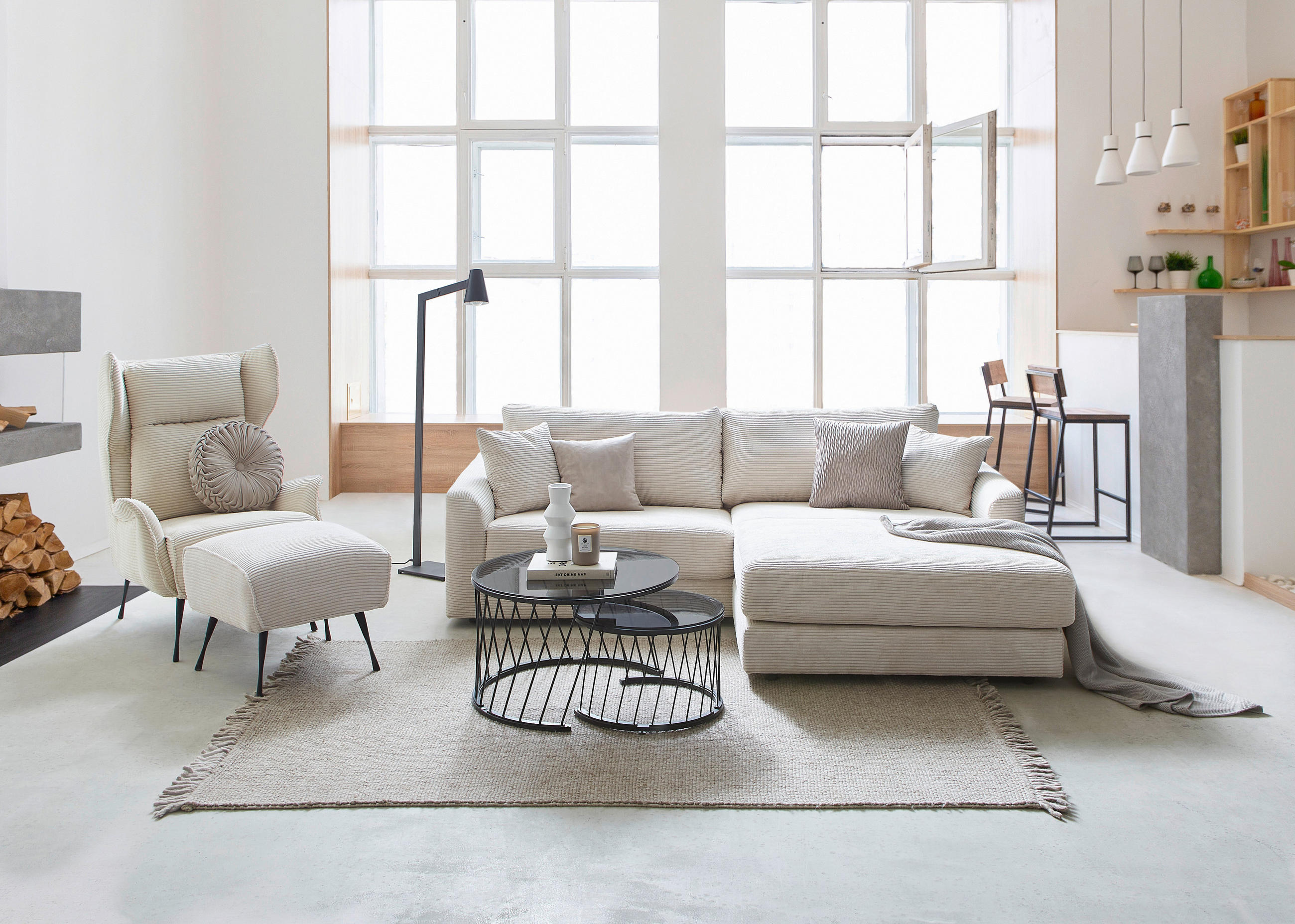ECKSOFA Beige Cord  - Beige/Schwarz, Design, Kunststoff/Textil (240/175cm) - Landscape