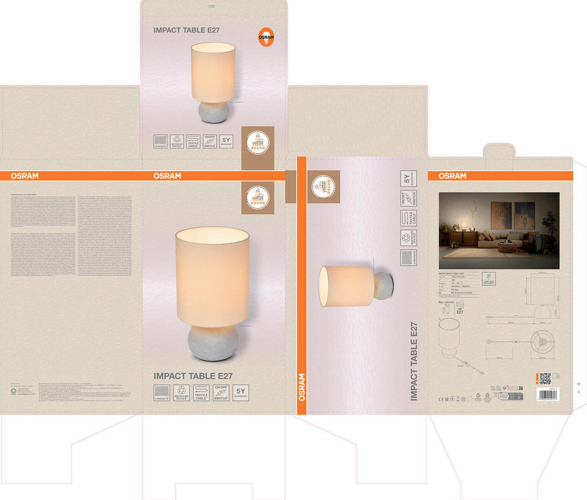 TISCHLEUCHTE 22/38 cm   - Beige/Grau, Basics, Stein (22/38cm) - Osram