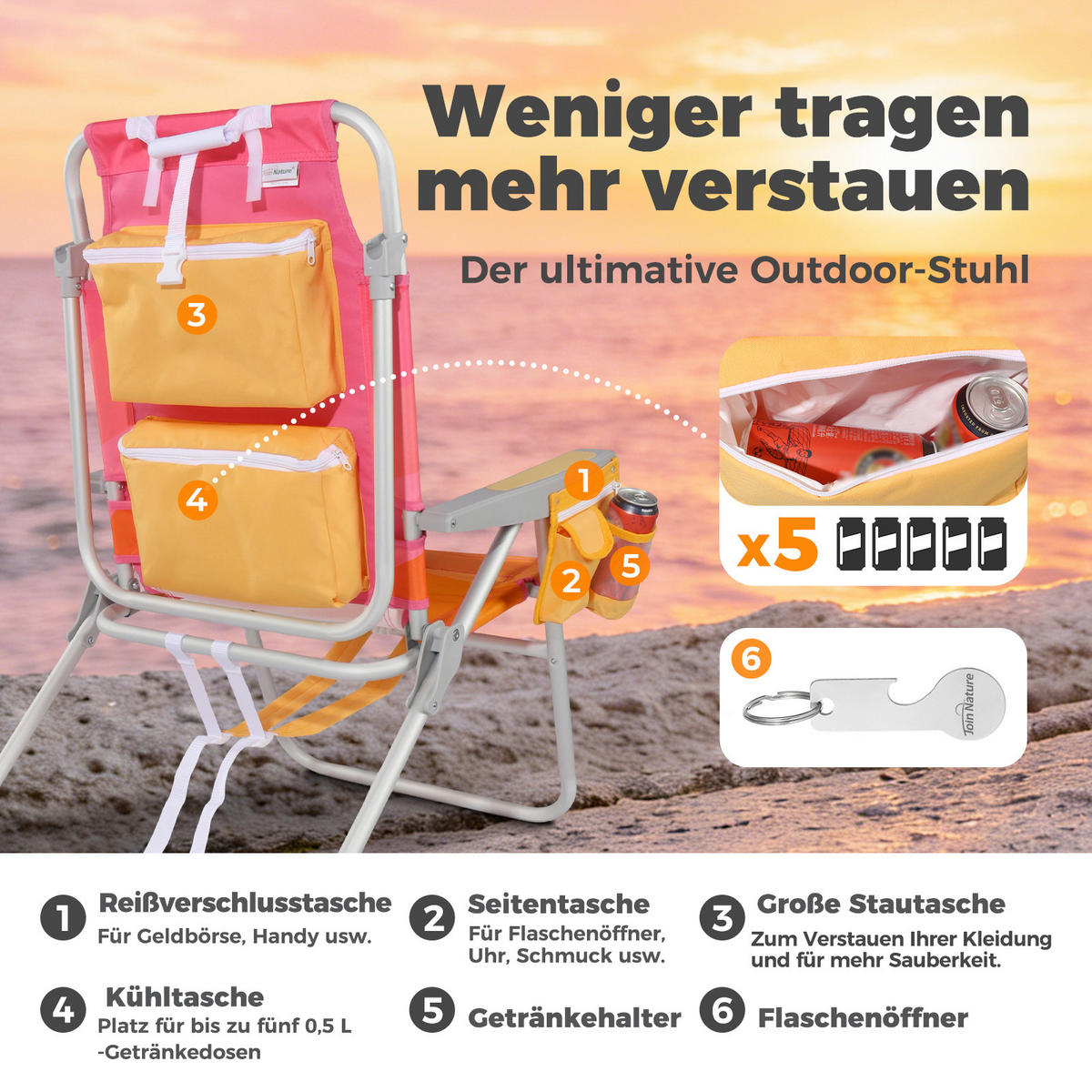 STRANDSTUHL Aluminium Alufarben, Pink  - Pink/Alufarben, Basics, Textil/Metall (62/77/96cm) - Modante