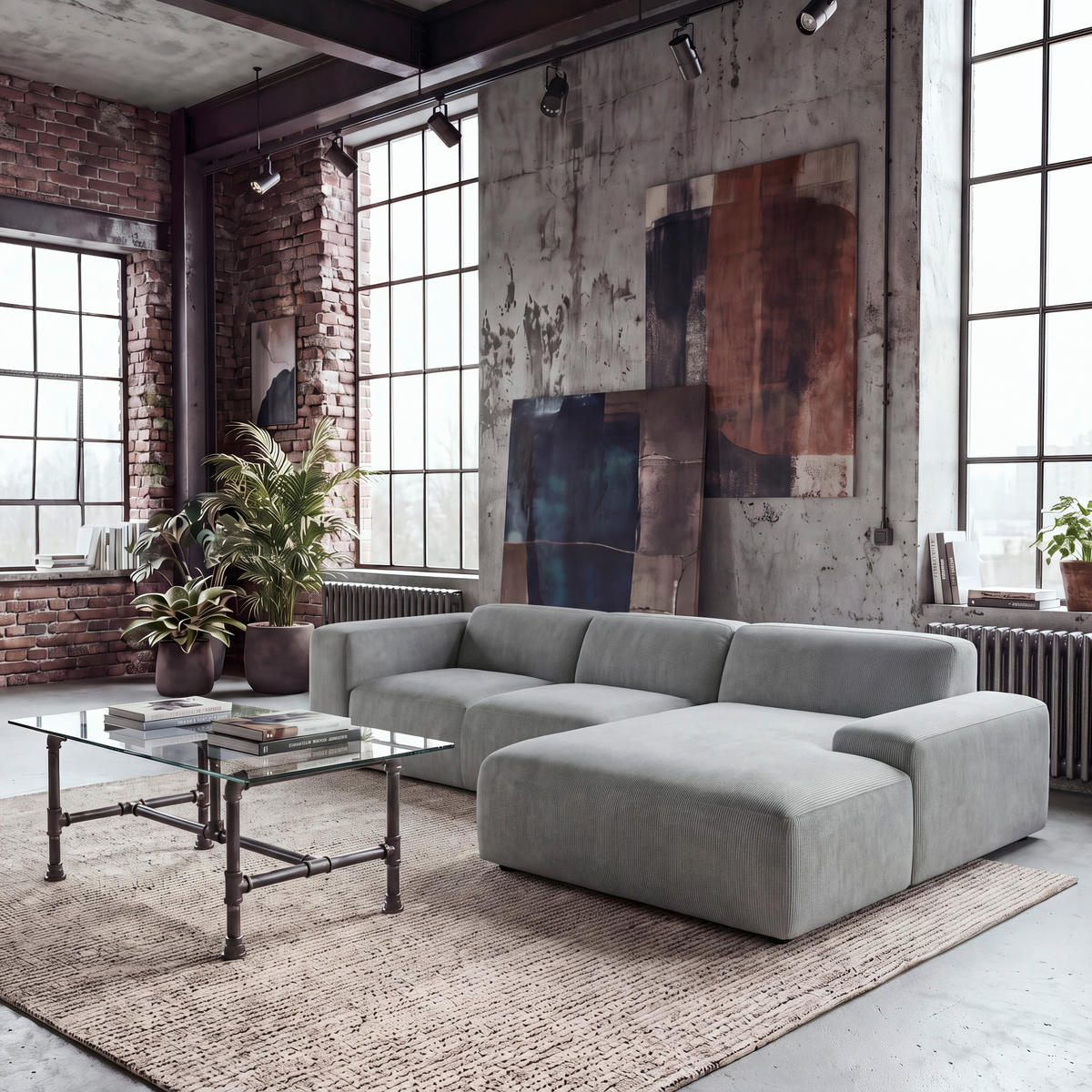 ECKSOFA HANNAH Hellgrau Cord  - Hellgrau/Schwarz, Design, Kunststoff/Textil (304/200cm) - MID.YOU