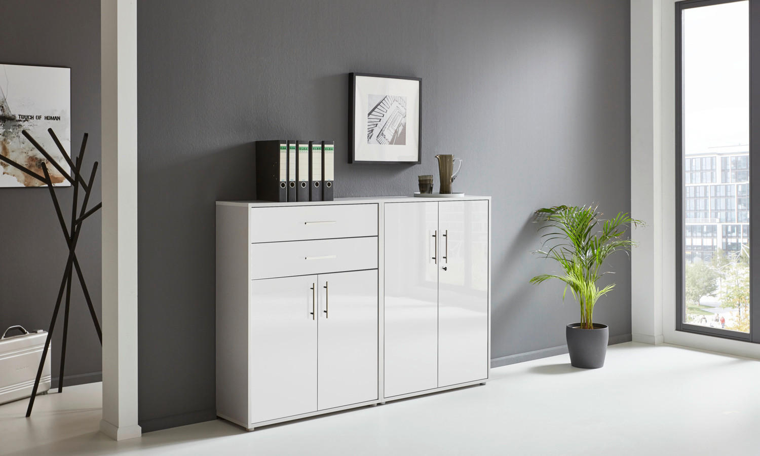 AKTENSCHRANK Grau, Weiß Hochglanz  - Weiß Hochglanz/Grau, MODERN, Holzwerkstoff (168,8/113,6/33cm) - MID.YOU