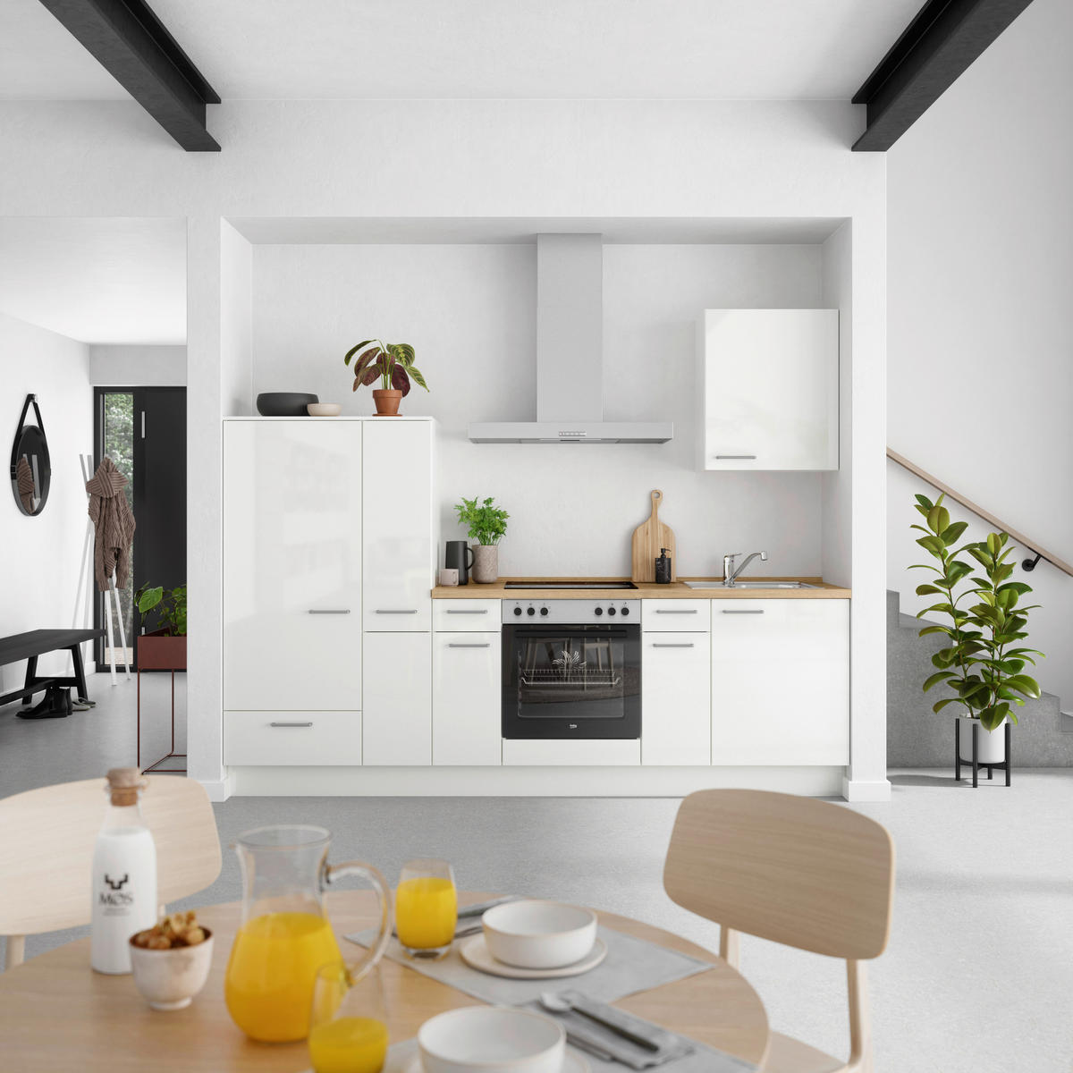 KÜCHENLEERBLOCK 270 cm   in Eichefarben, Weiß Hochglanz  - Edelstahlfarben/Eichefarben, MODERN, Holzwerkstoff/Metall (270cm) - Nobilia