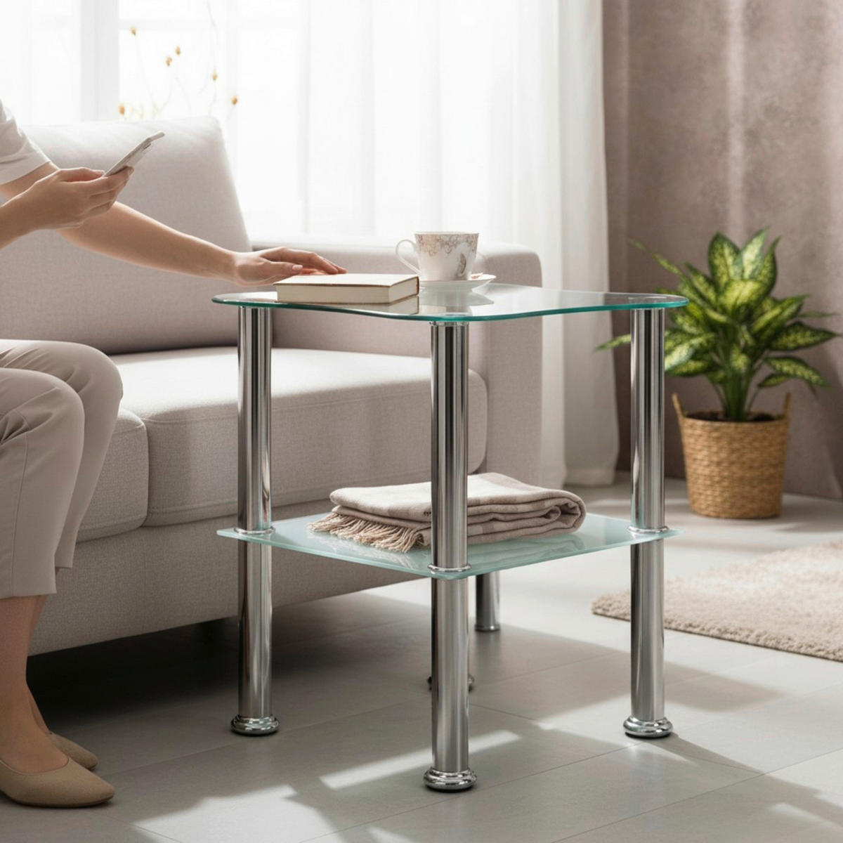 BEISTELLTISCH 40/40/47 cm Klar, Weiß, Edelstahlfarben formgebogen  - Klar/Edelstahlfarben, Design, Glas/Metall (40/40/47cm) - Carryhome