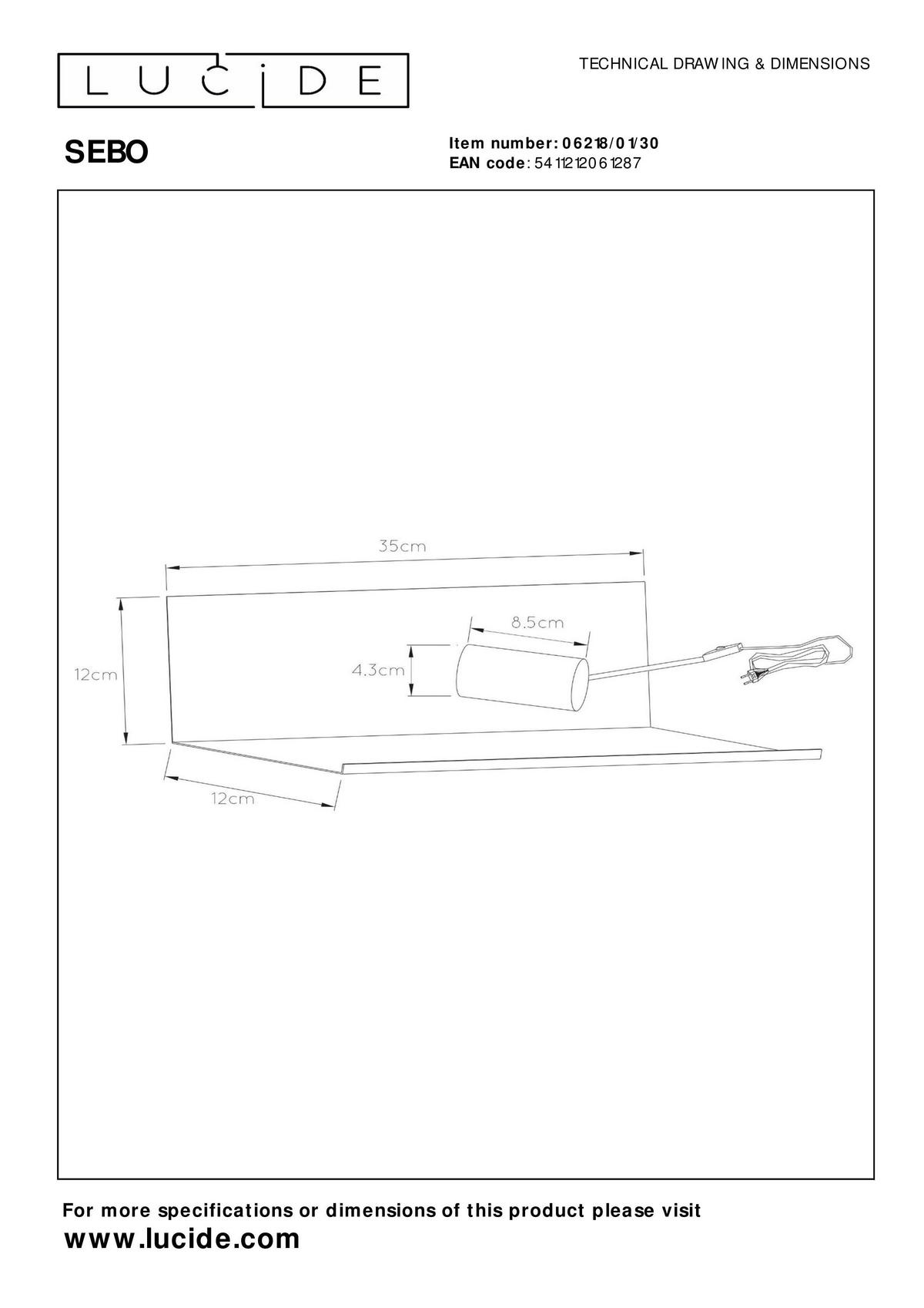 WANDLEUCHTE Sebo 37/12.5/13 cm   - Schwarz, Design, Metall (37/12.5/13cm) - Lucide