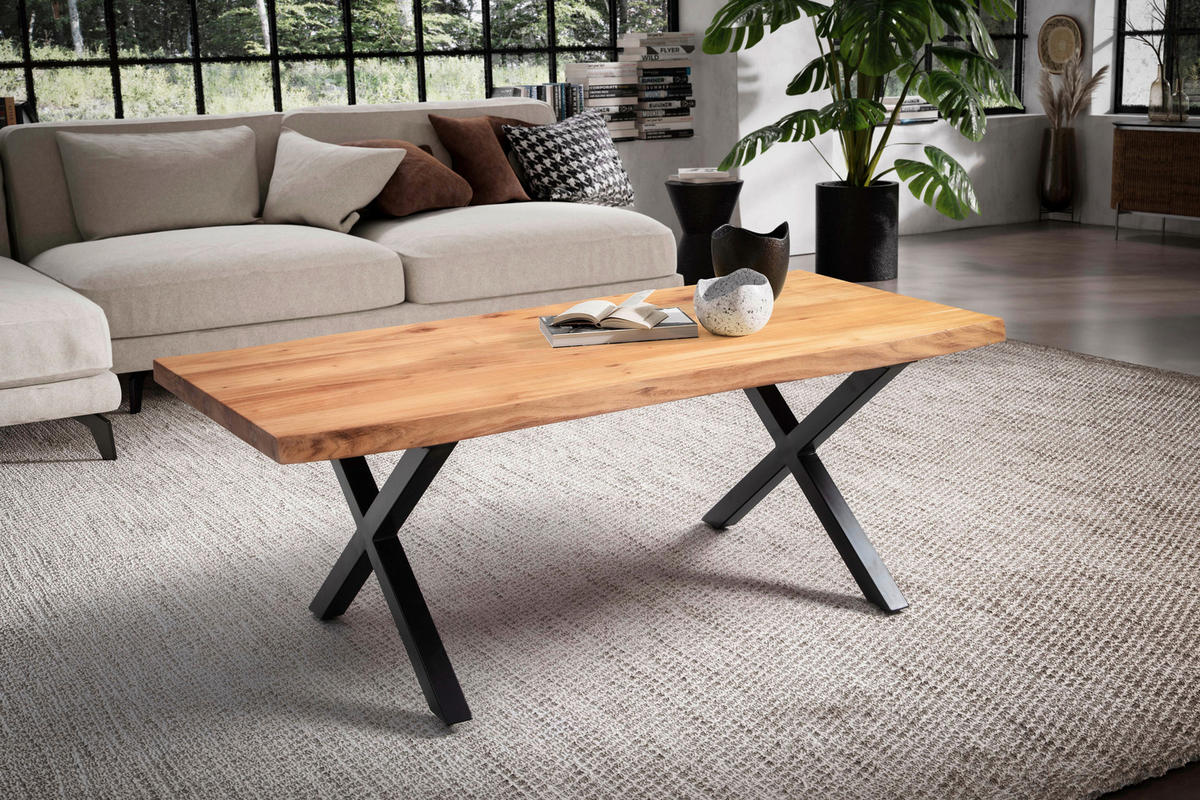 COUCHTISCH Akazie massiv 120/60/46 cm rechteckig Akaziefarben  - Schwarz/Akaziefarben, Design, Holz/Metall (120/60/46cm) - MID.YOU