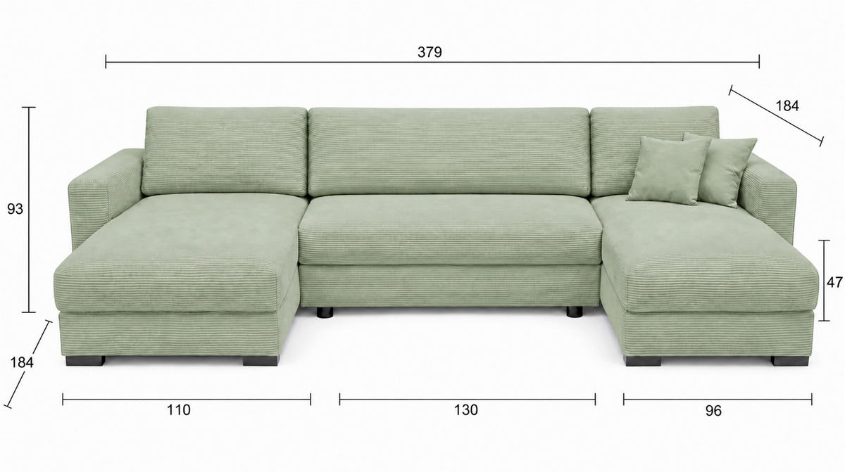 WOHNLANDSCHAFT  Cord Mintgrün  - Schwarz/Mintgrün, Basics, Holz/Holzwerkstoff (379/93/184cm) - MID.YOU